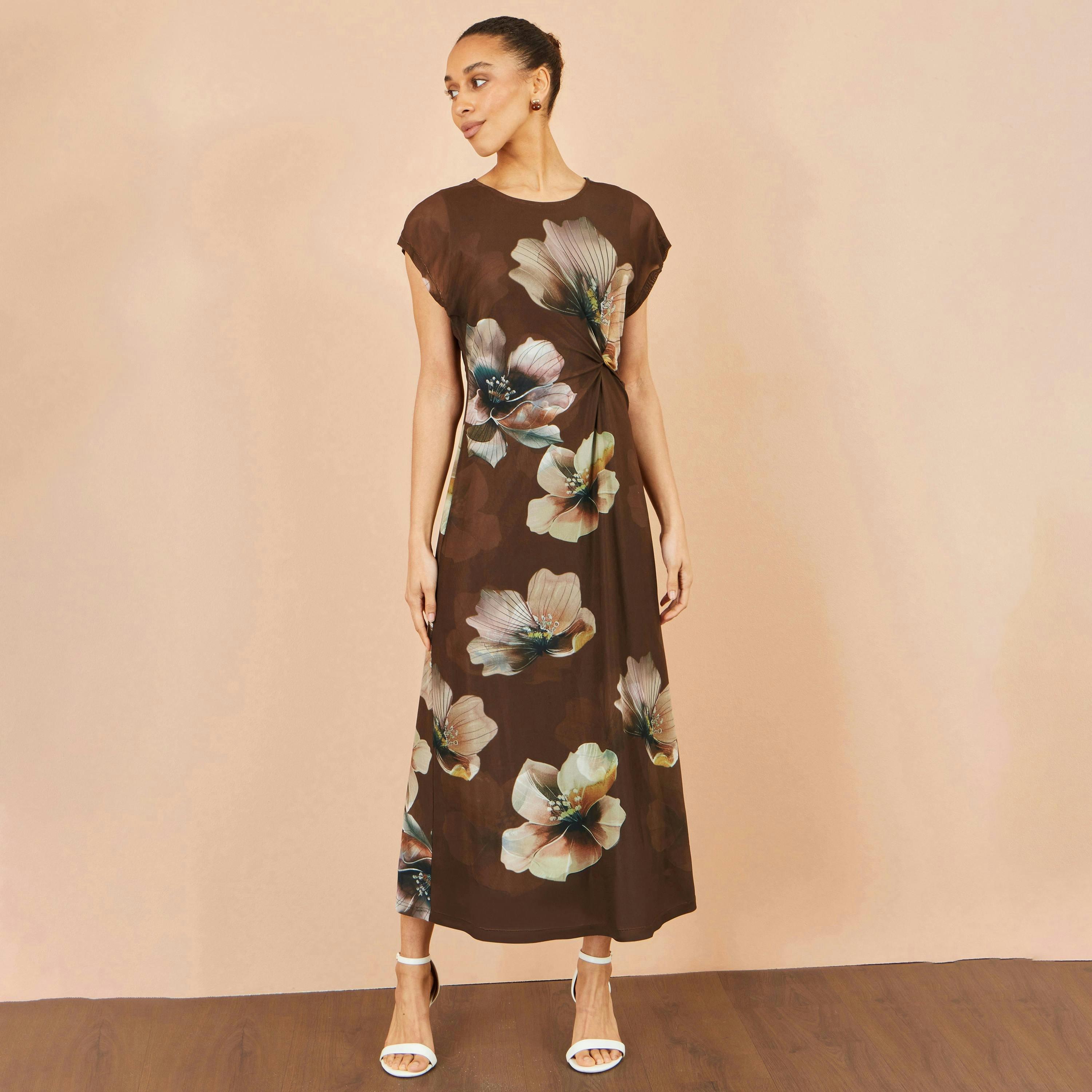 Yumi Brown Mesh Floral Midi Dress , view 3 of 5