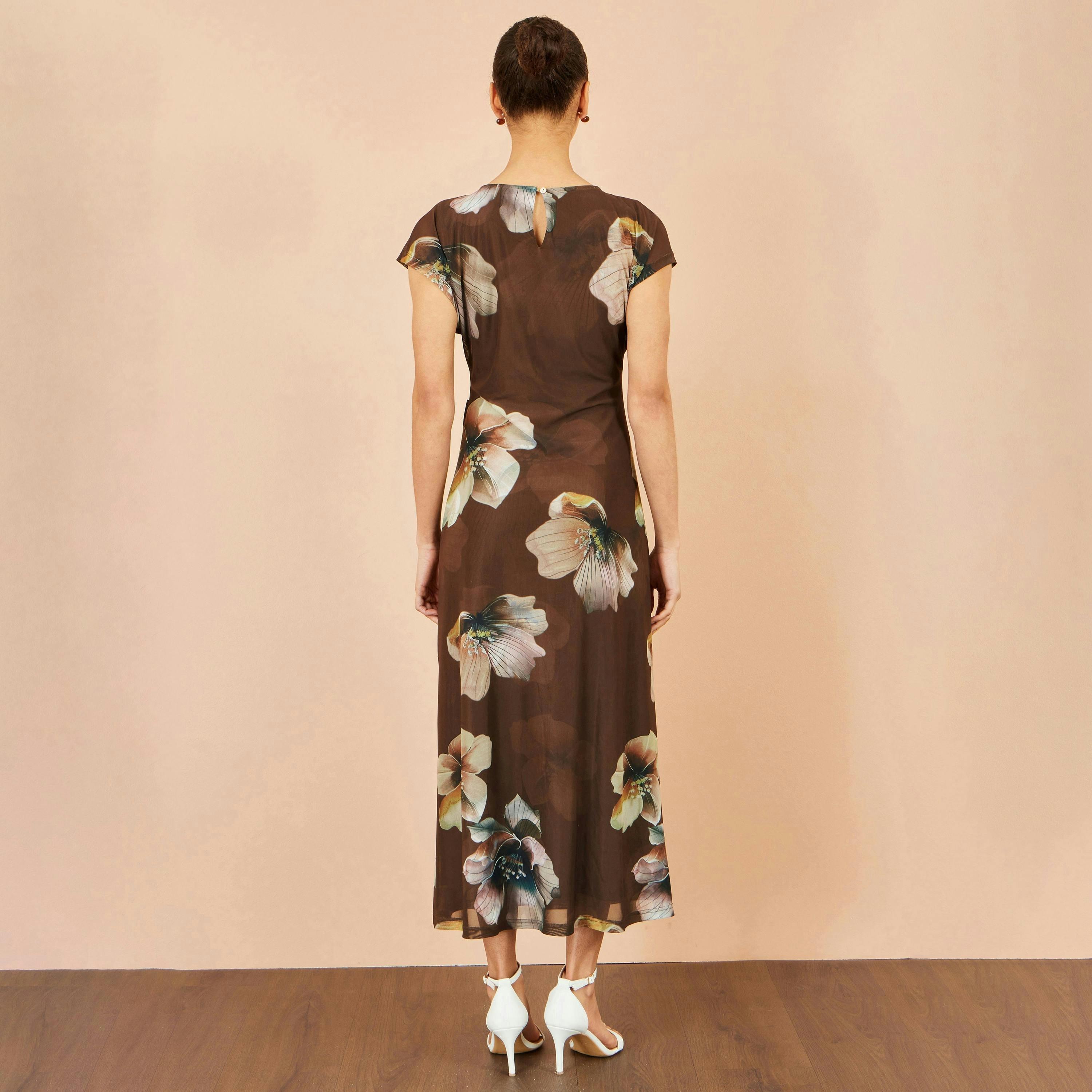 Yumi Brown Mesh Floral Midi Dress , view 4 of 5