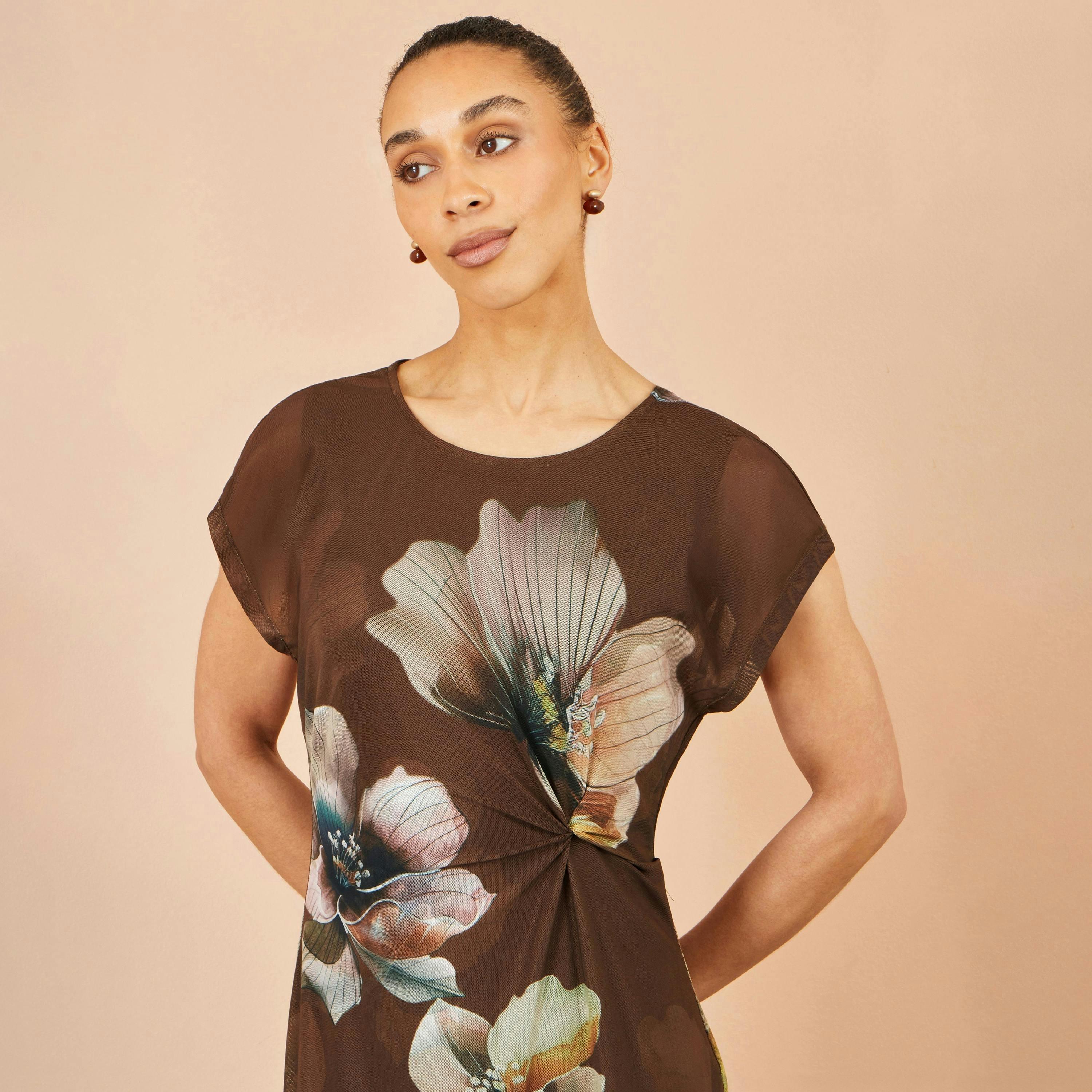 Yumi Brown Mesh Floral Midi Dress , view 5 of 5