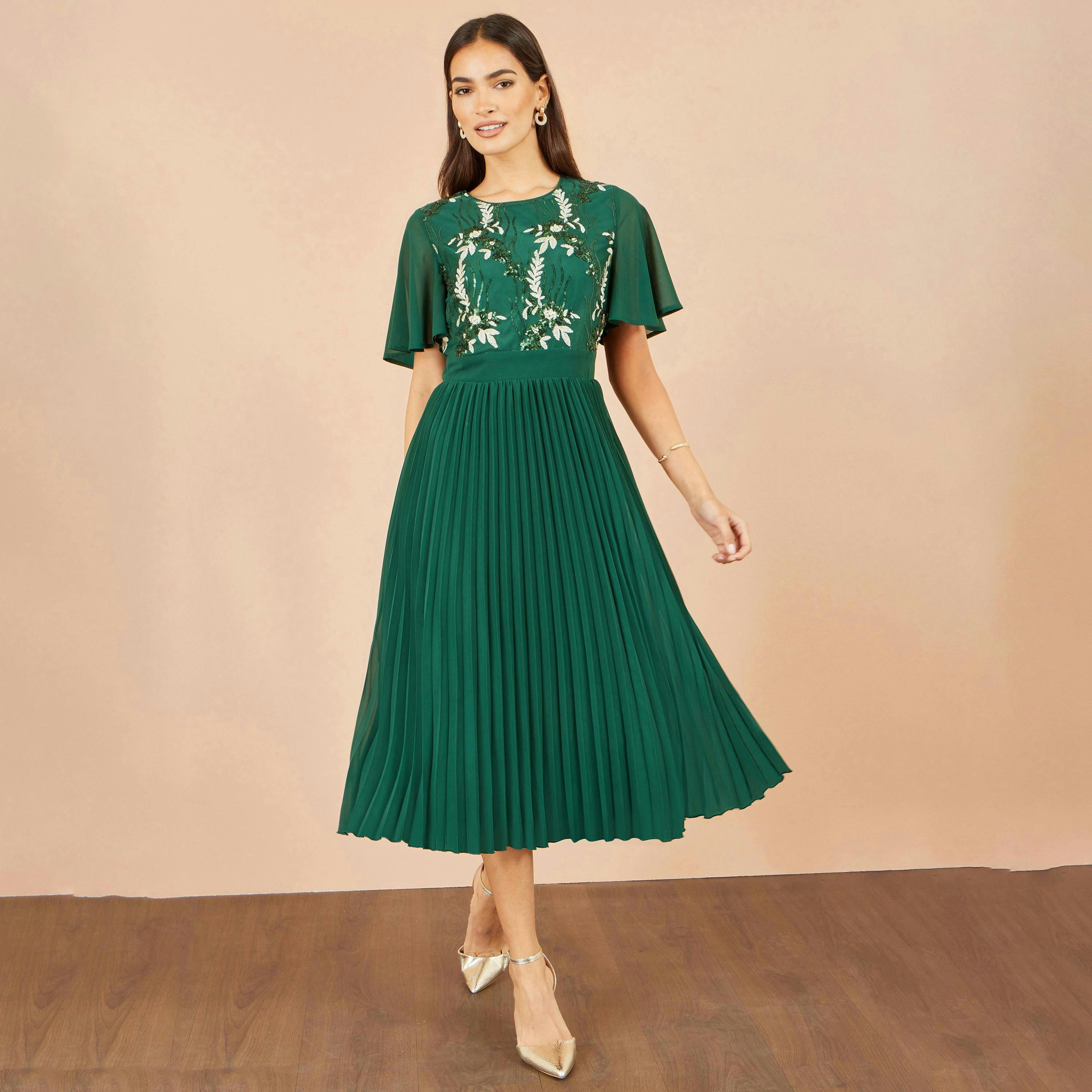 Yumi Green Sequin Embroidered Pleated Midi Dress , view 2 of 5