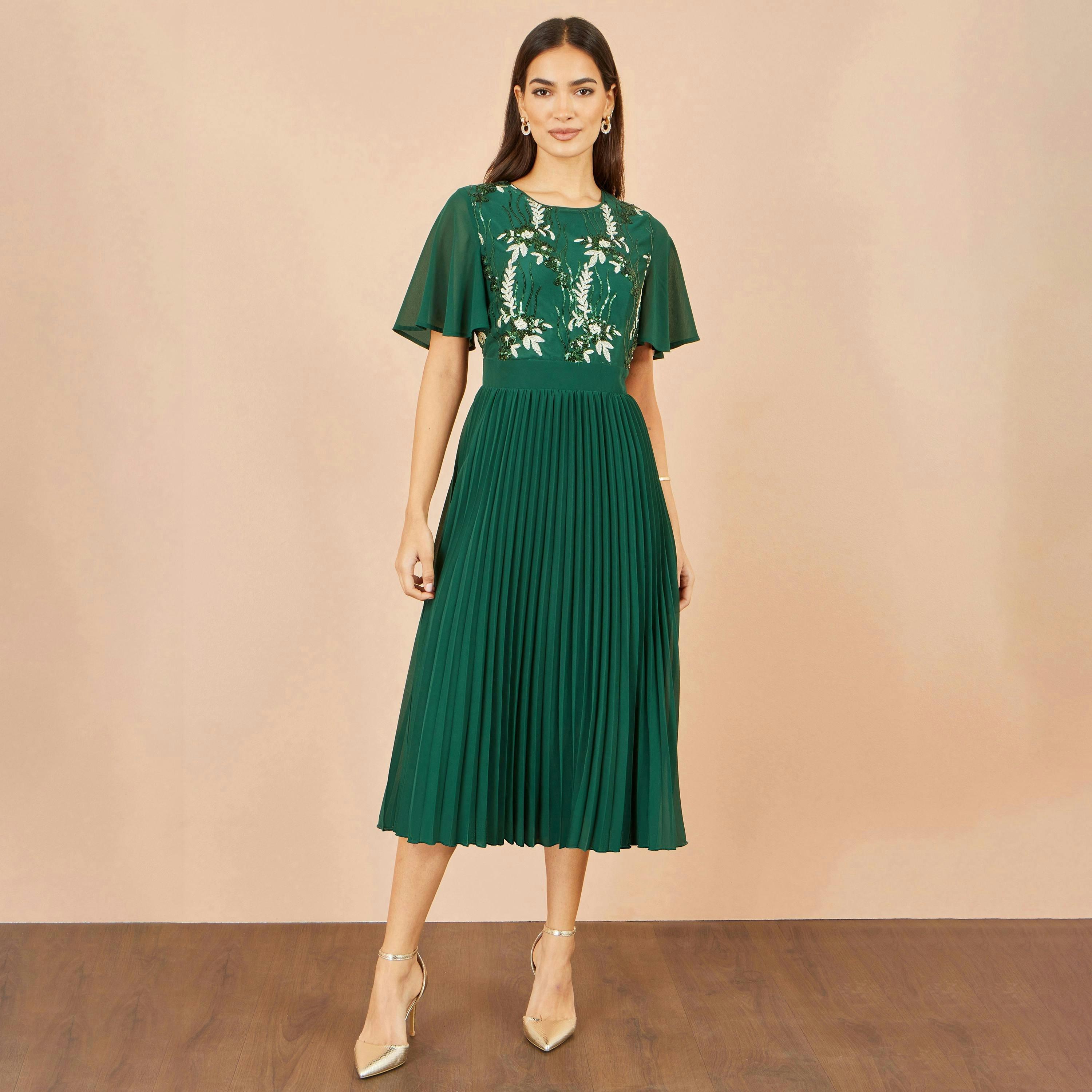 Yumi Green Sequin Embroidered Pleated Midi Dress , view 3 of 5