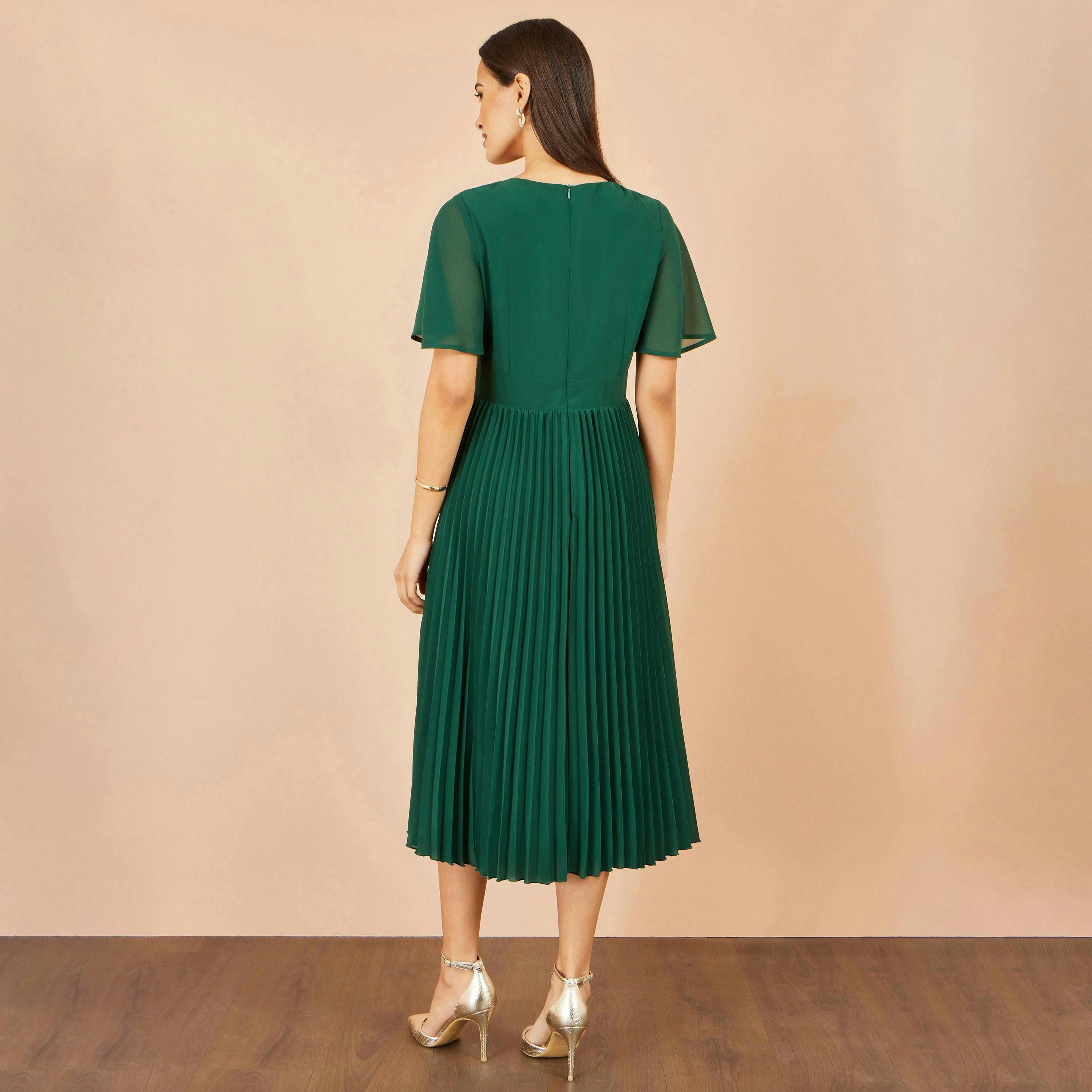 Yumi Green Sequin Embroidered Pleated Midi Dress , view 4 of 5