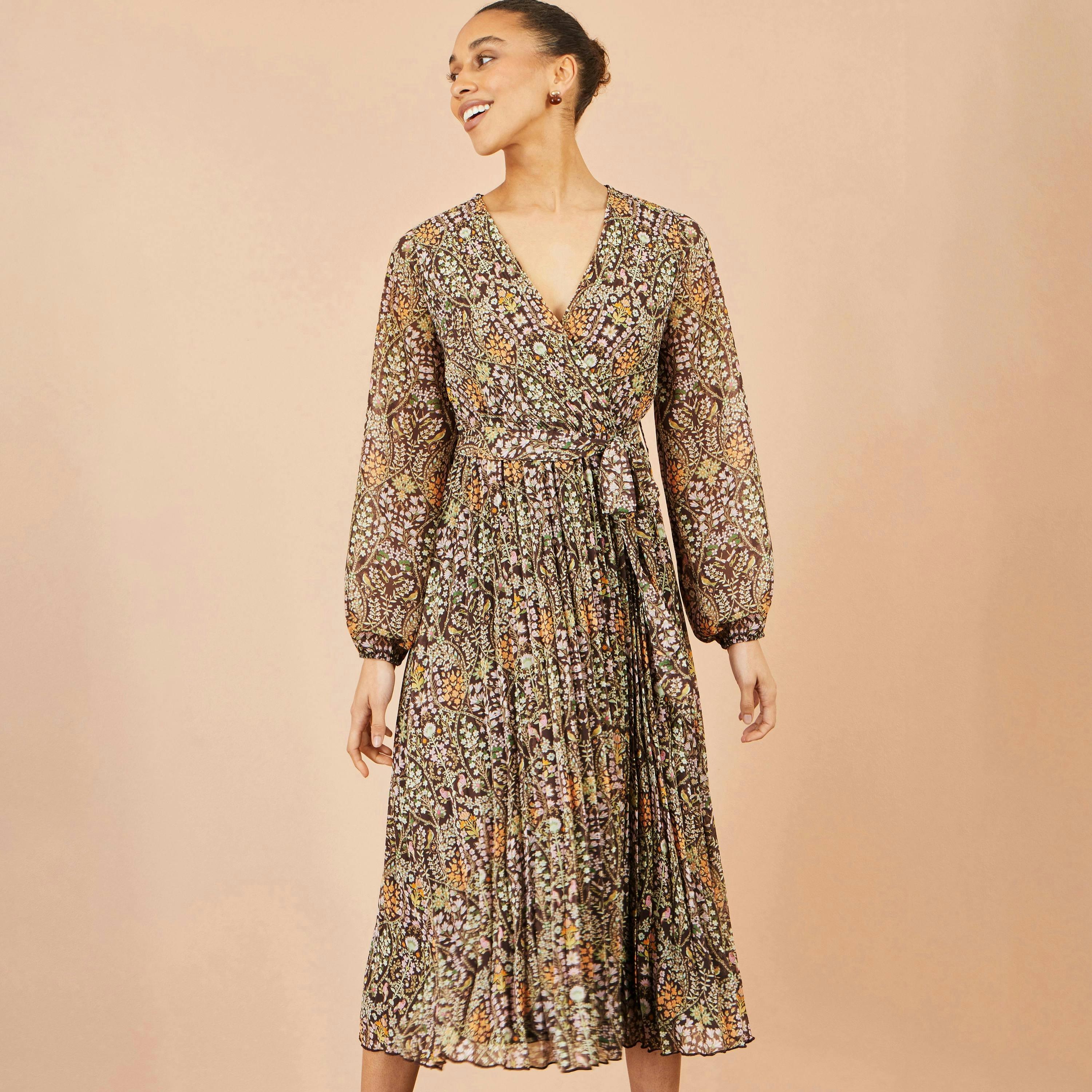 Yumi Brown Ditsy Floral Pleated Midi Dress , view 2 of 6