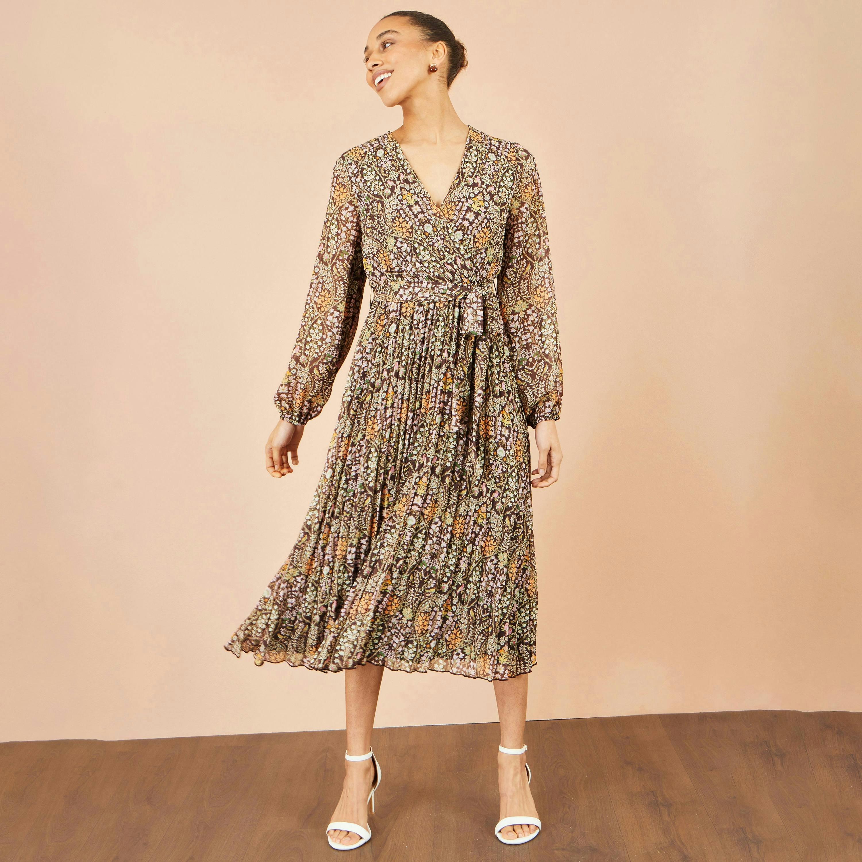 Yumi Brown Ditsy Floral Pleated Midi Dress , view 3 of 6
