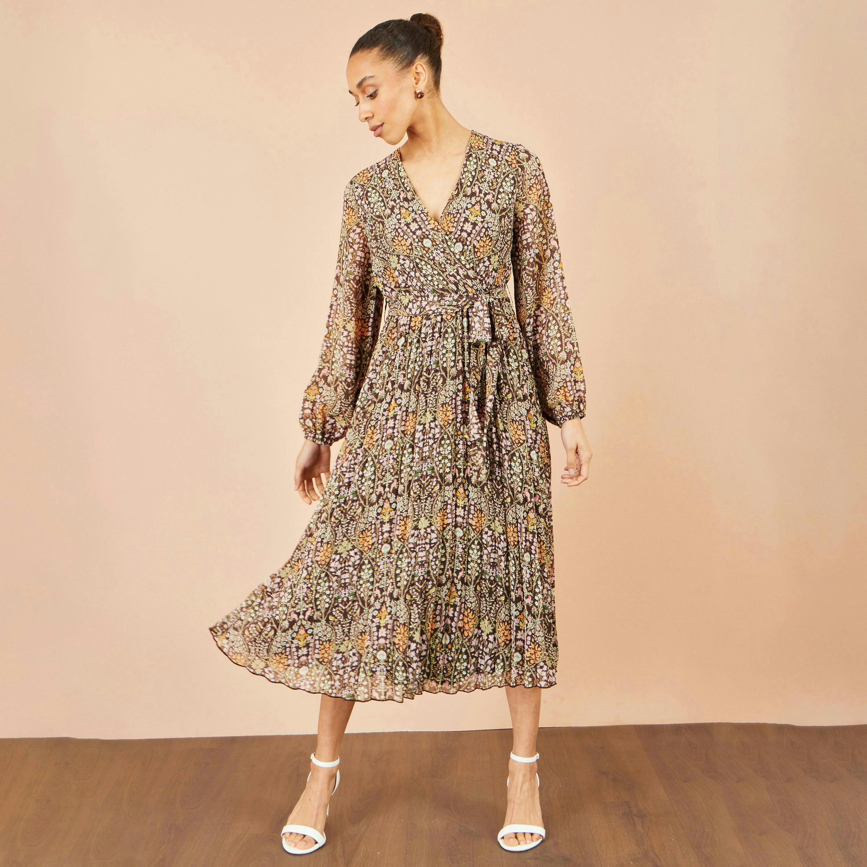 Yumi Brown Ditsy Floral Pleated Midi Dress , view 4 of 6