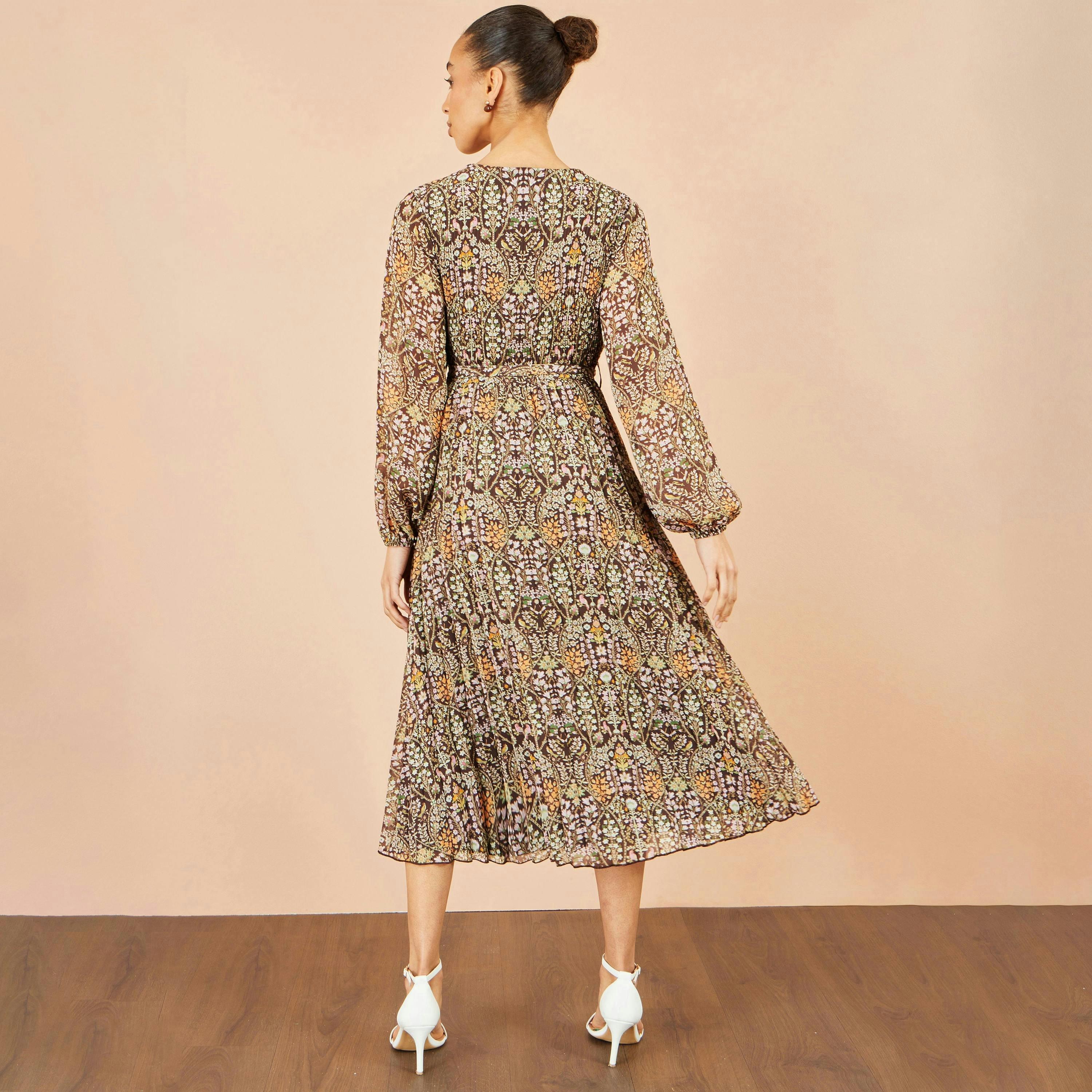 Yumi Brown Ditsy Floral Pleated Midi Dress , view 5 of 6