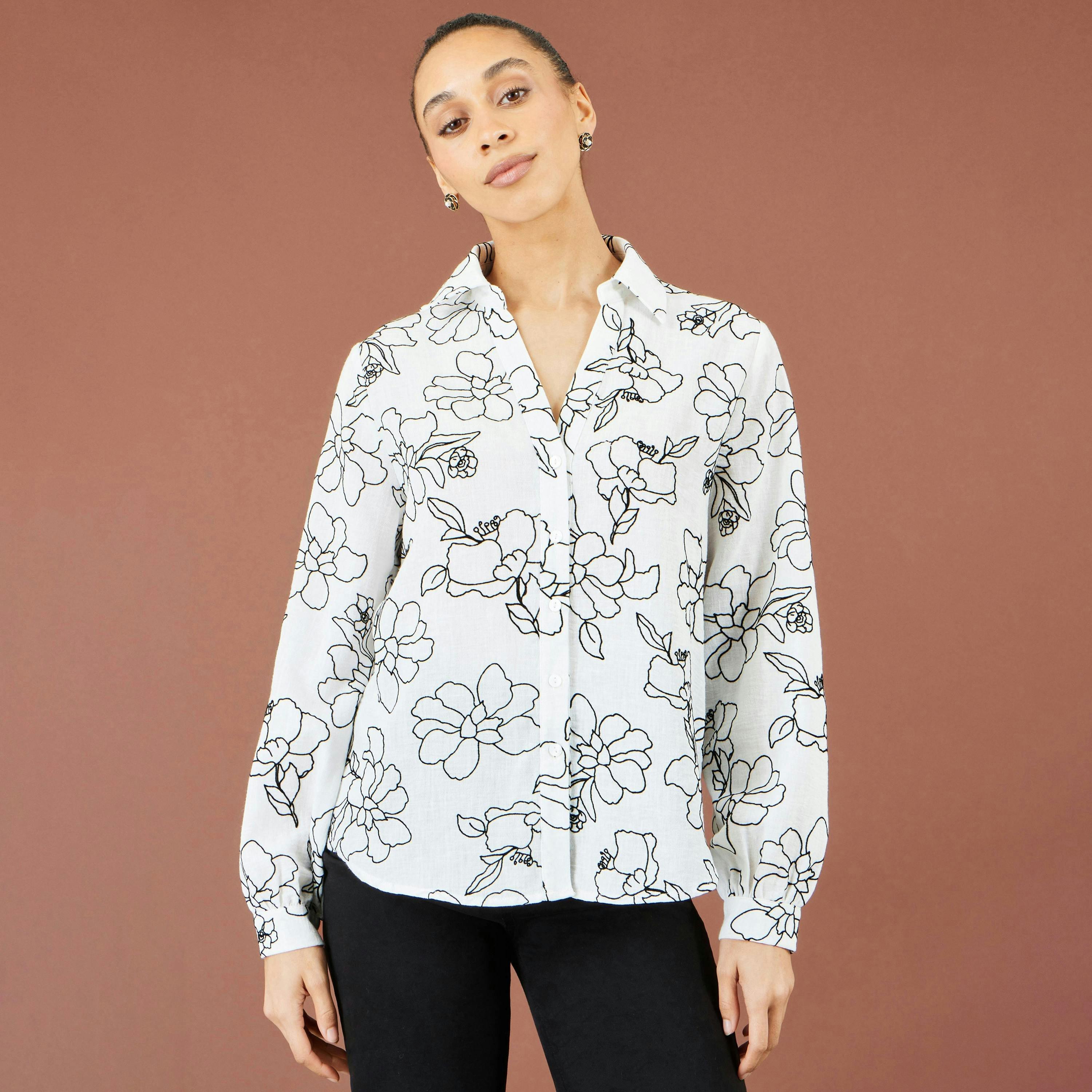 Yumi White Scribble Floral Embroidered Shirt , view 2 of 5