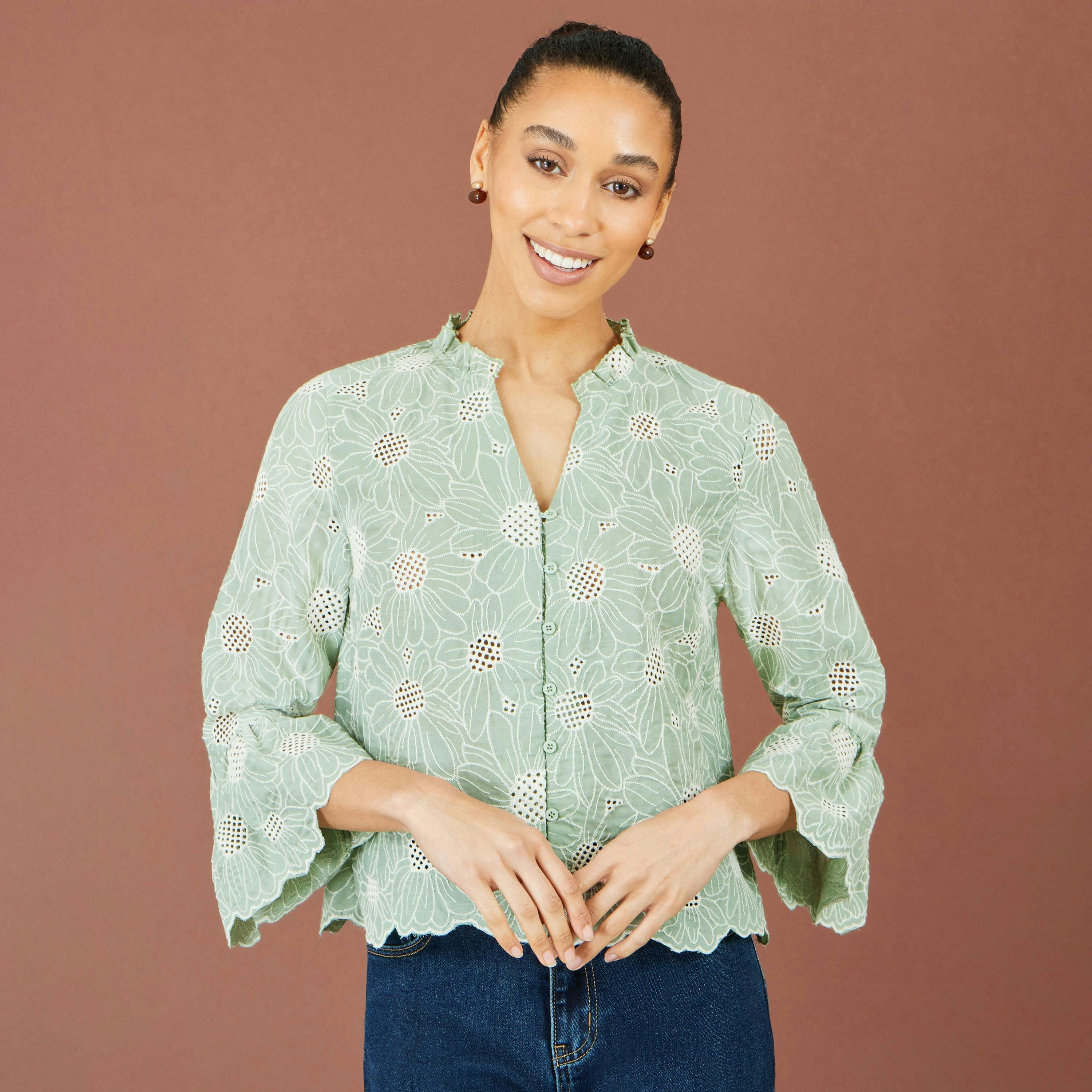 Yumi Green Daisy Broderie Shirt With Fluted Sleeves , view 2 of 6
