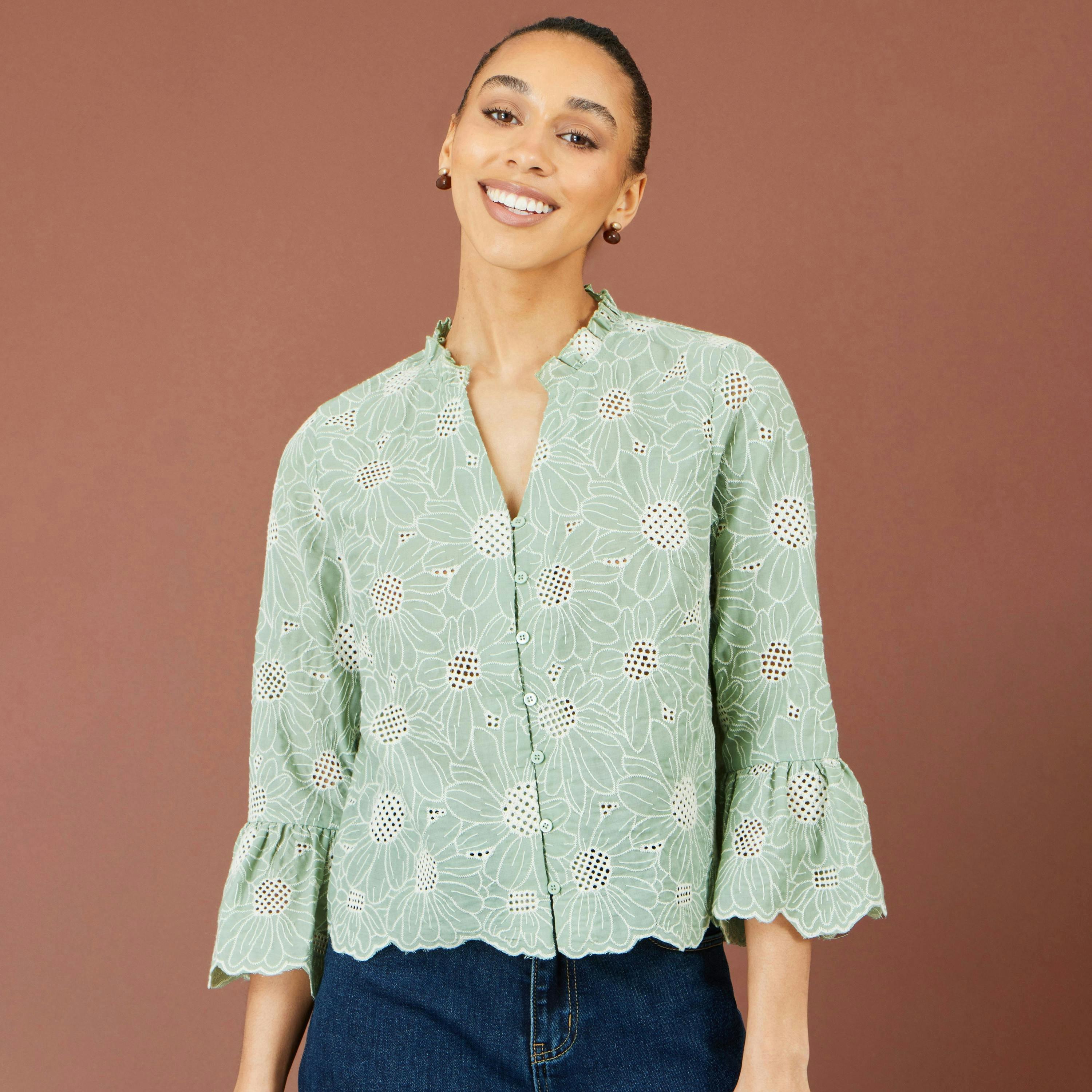 Yumi Green Daisy Broderie Shirt With Fluted Sleeves , view 3 of 6