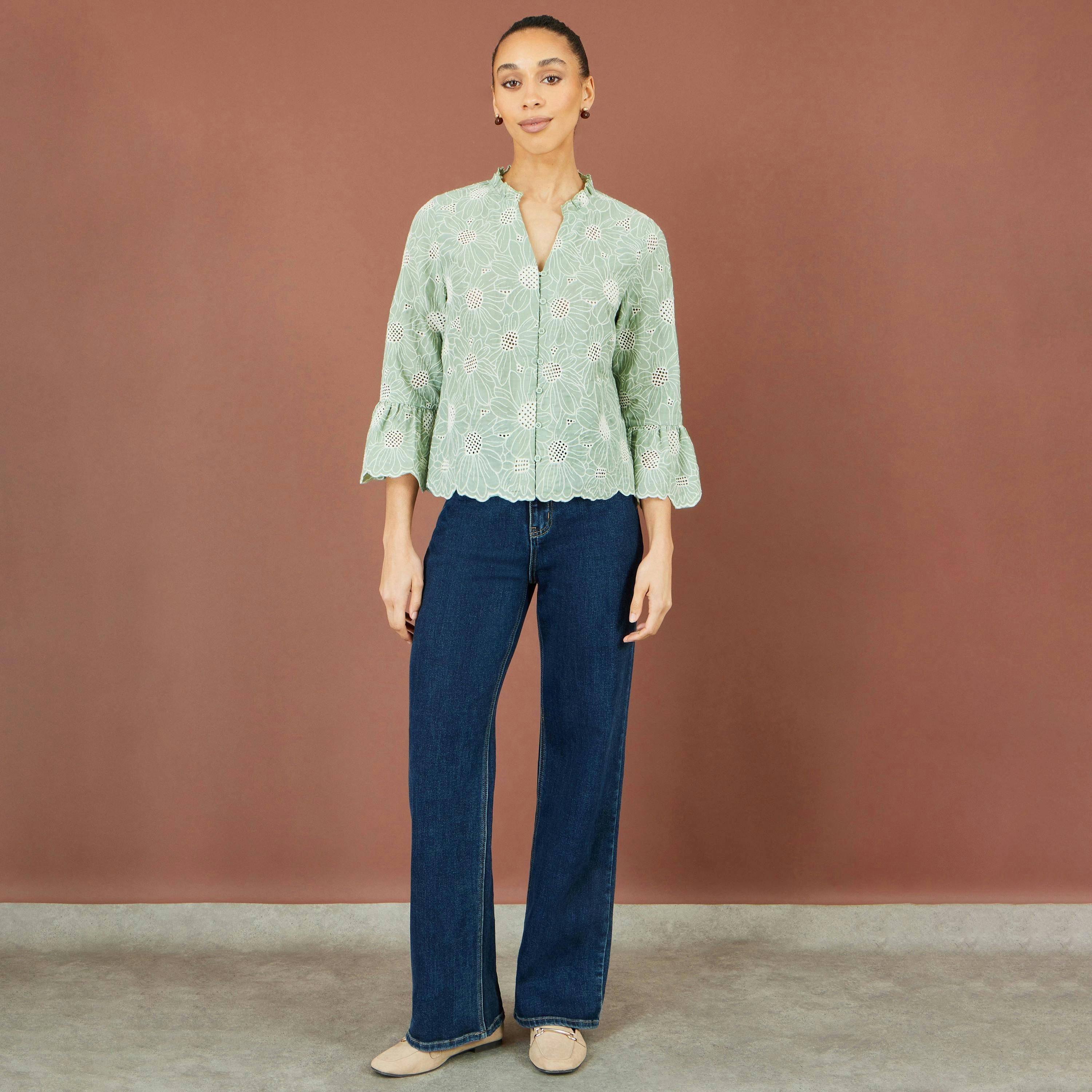 Yumi Green Daisy Broderie Shirt With Fluted Sleeves , view 4 of 6