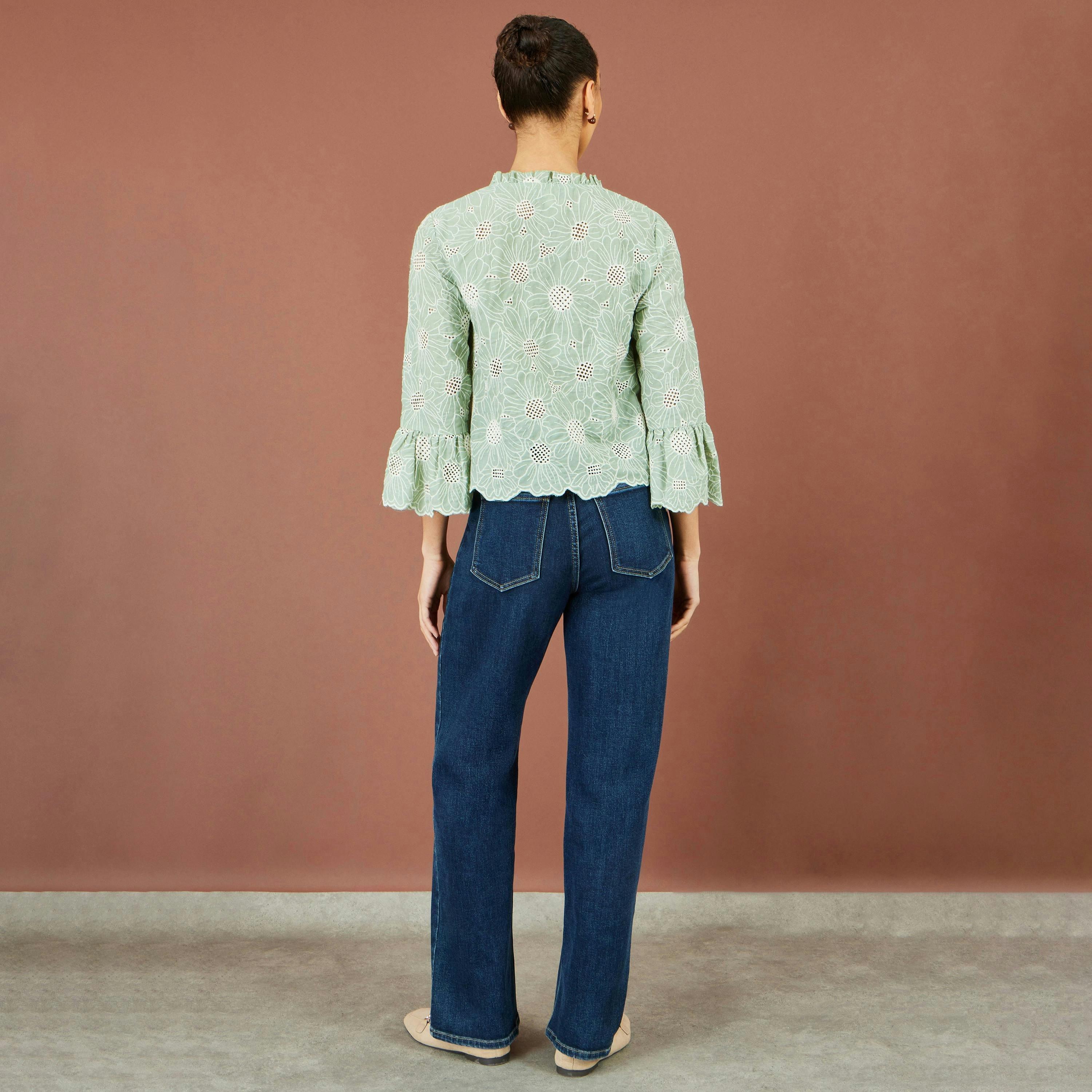 Yumi Green Daisy Broderie Shirt With Fluted Sleeves , view 5 of 6