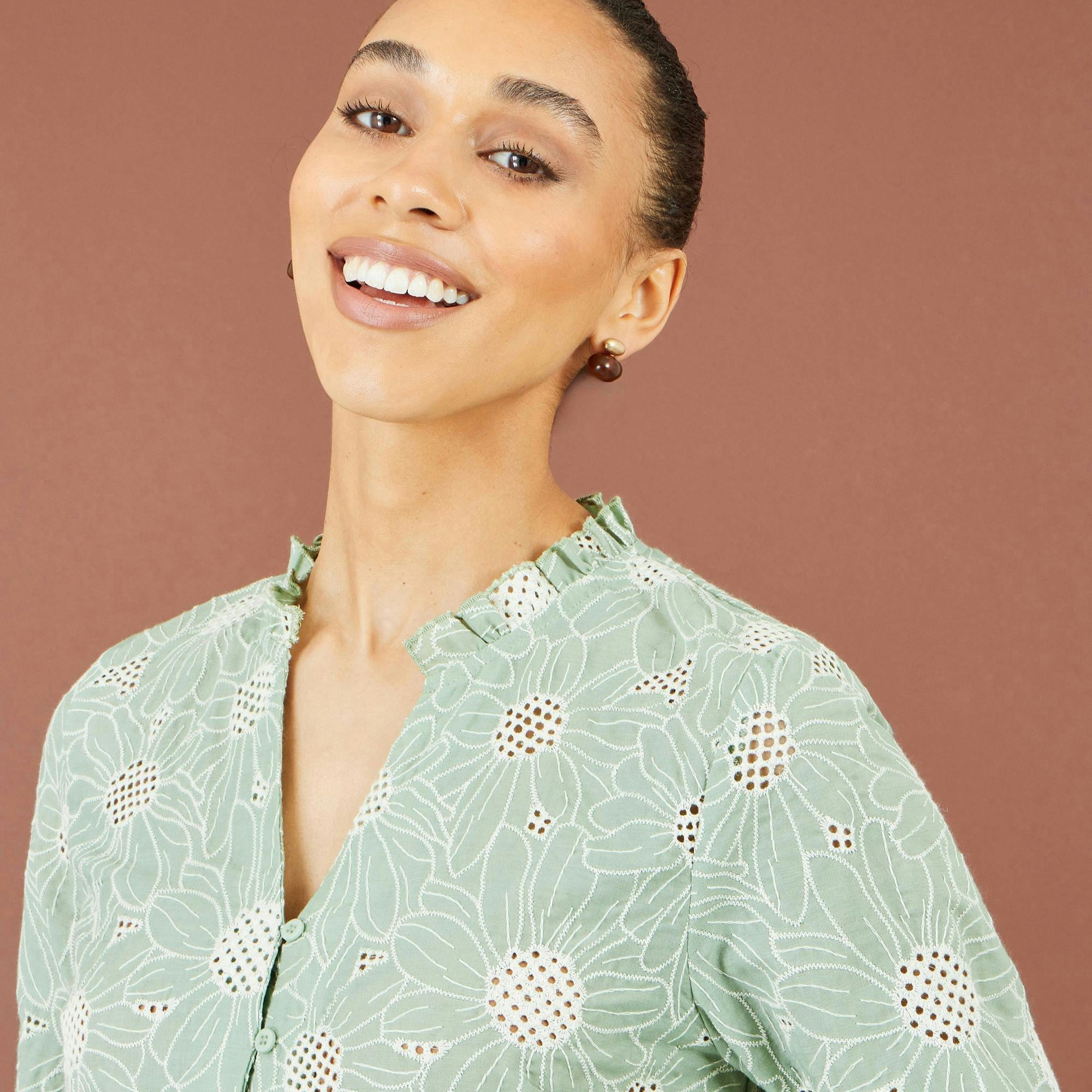 Yumi Green Daisy Broderie Shirt With Fluted Sleeves , view 6 of 6