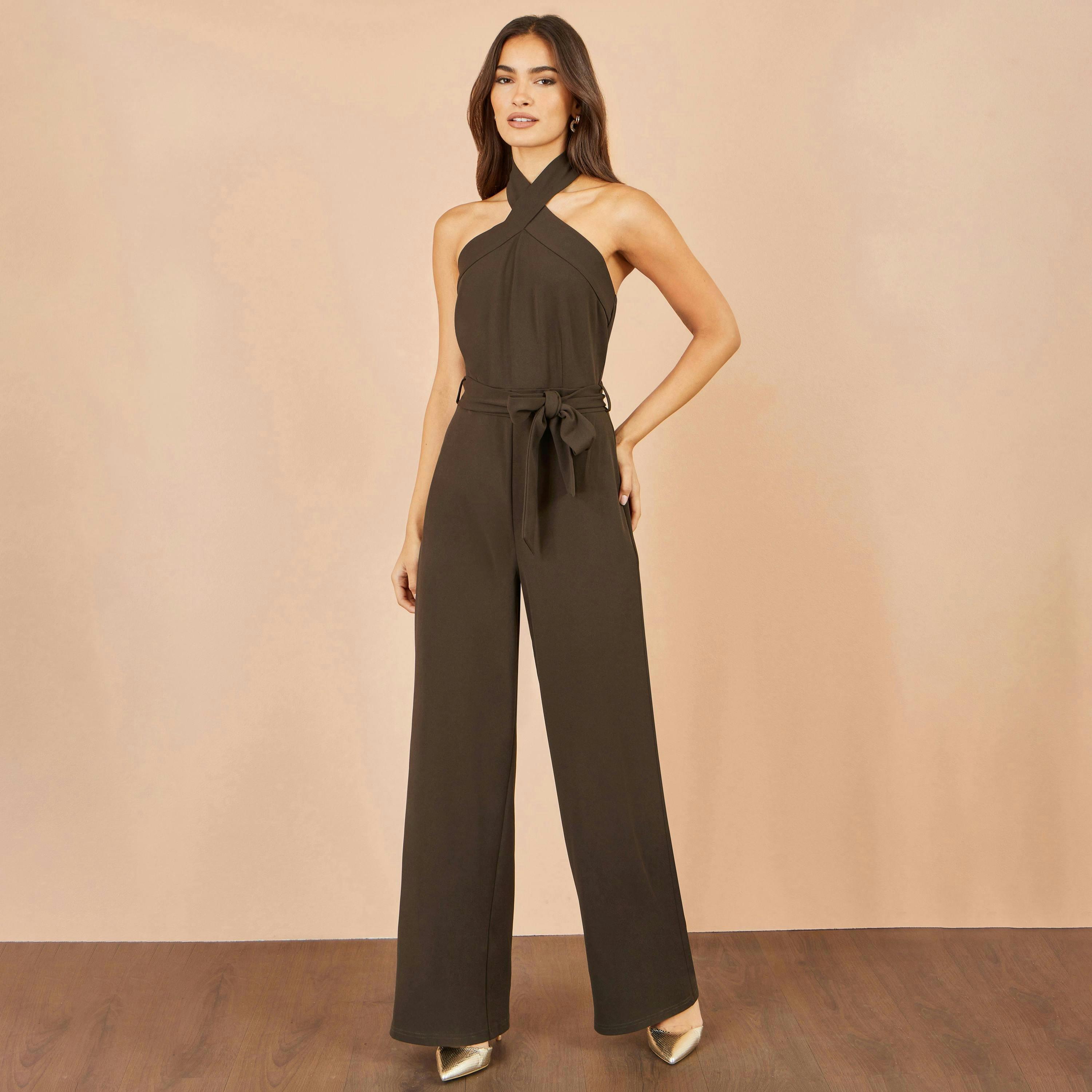 Yumi Brown Cross Over Halter Neck Jumpsuit , view 2 of 5