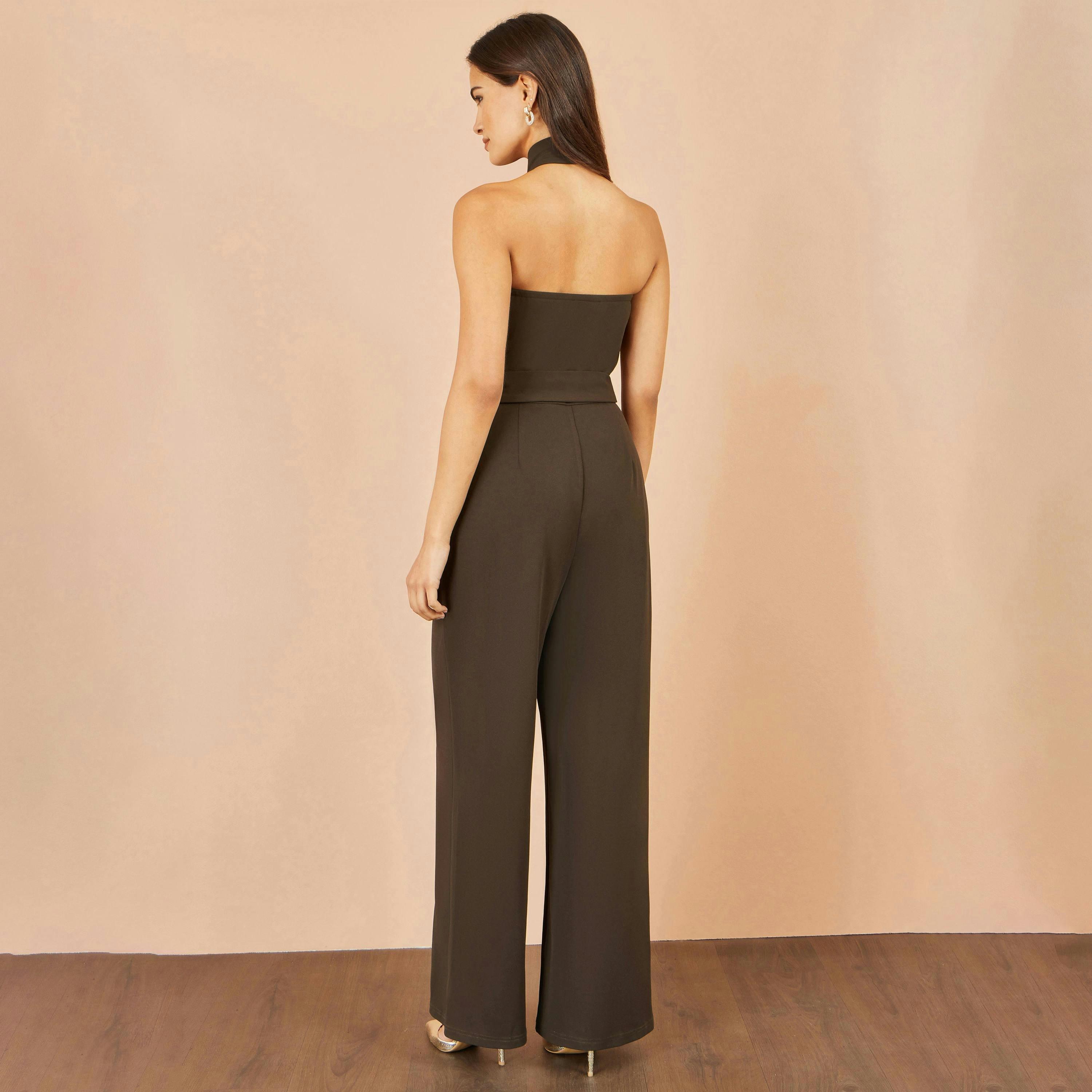 Yumi Brown Cross Over Halter Neck Jumpsuit , view 4 of 5