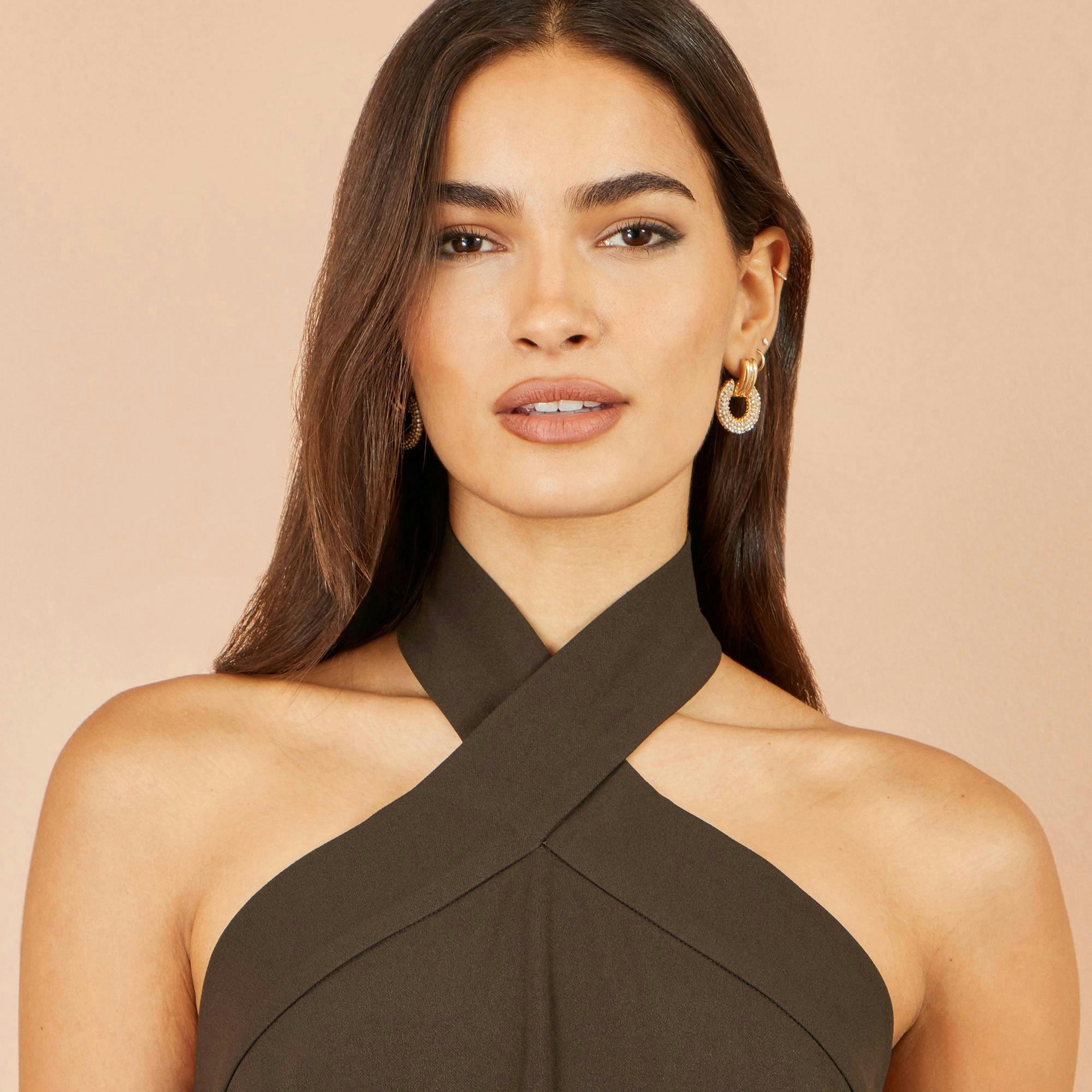 Yumi Brown Cross Over Halter Neck Jumpsuit , view 5 of 5