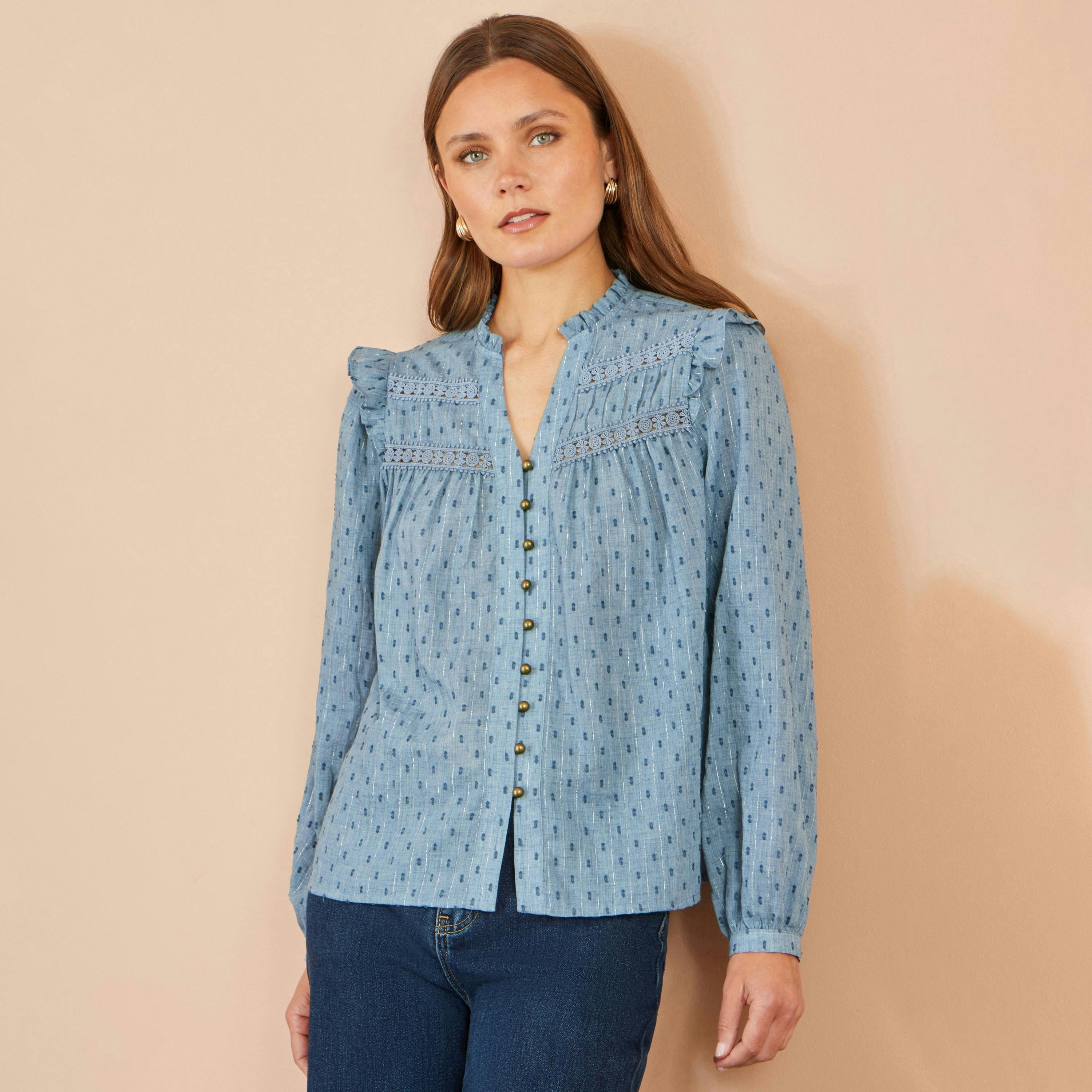 Yumi Blue Cotton Lace Detail Shirt , view 2 of 4