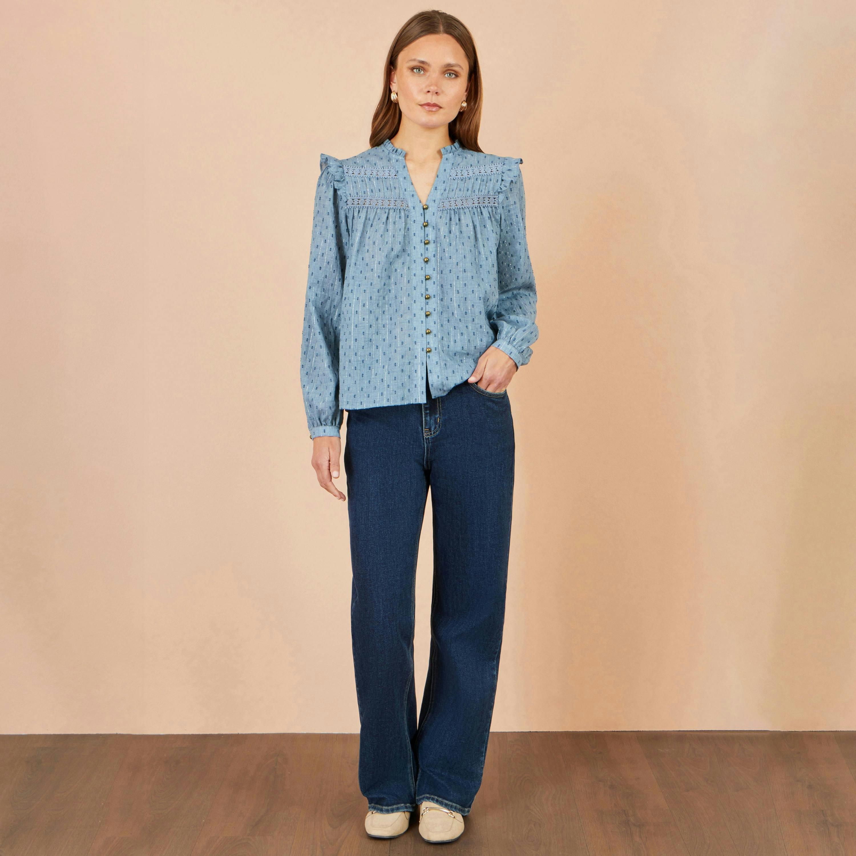 Yumi Blue Cotton Lace Detail Shirt , view 3 of 4