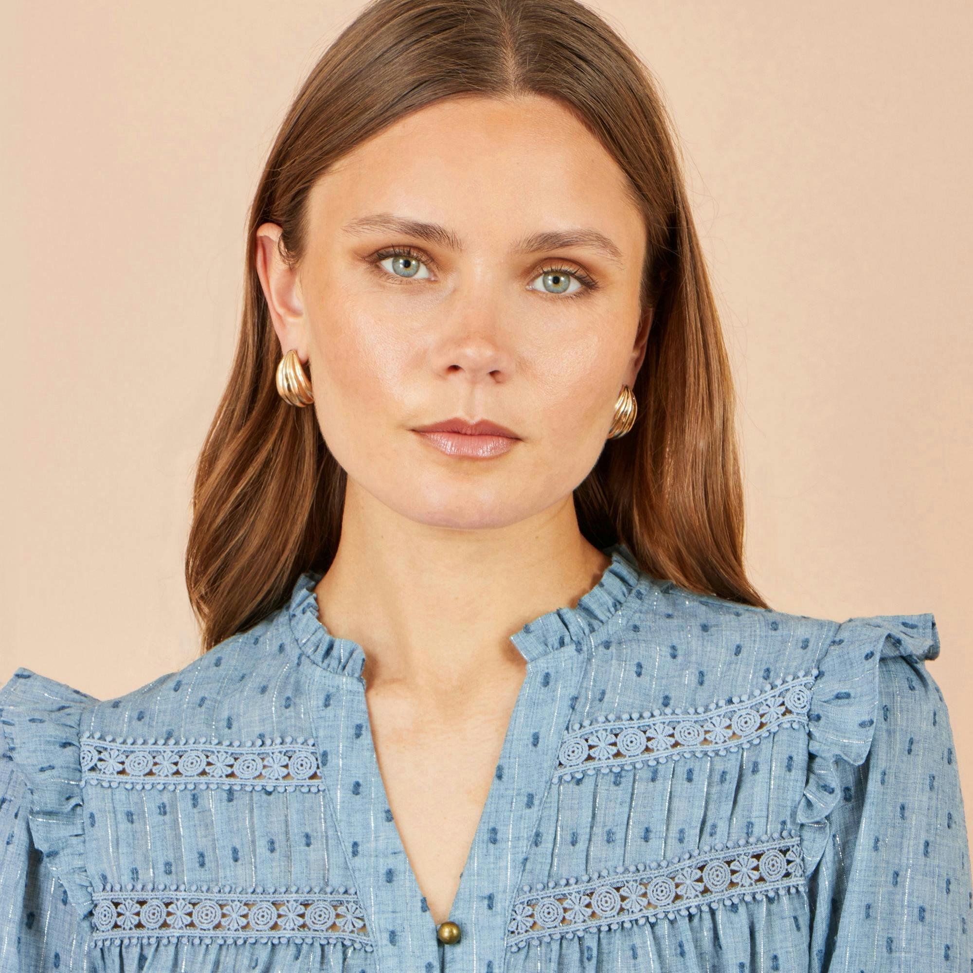 Yumi Blue Cotton Lace Detail Shirt , view 4 of 4