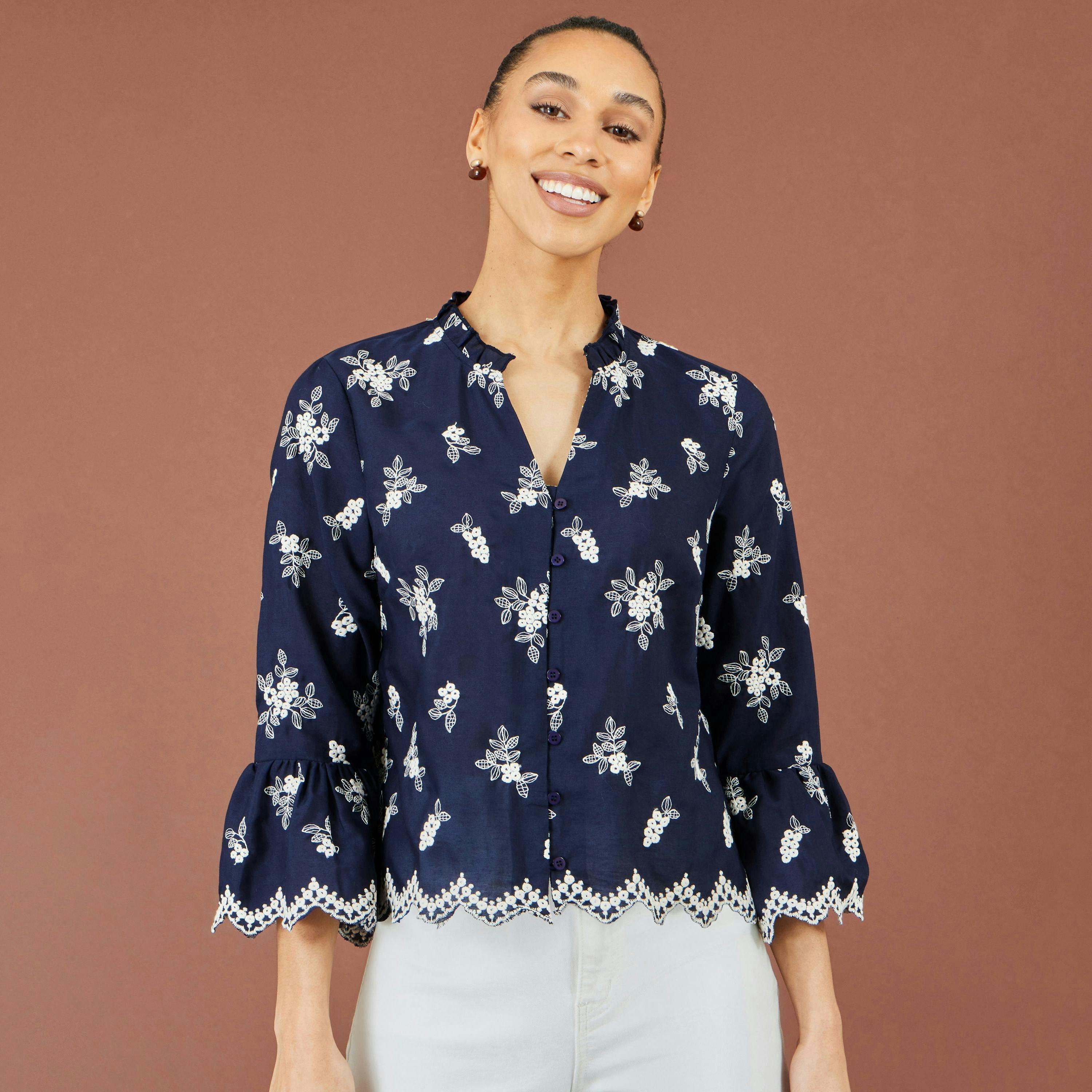 Yumi Navy Broderie Shirt With Fluted Sleeves , view 2 of 5