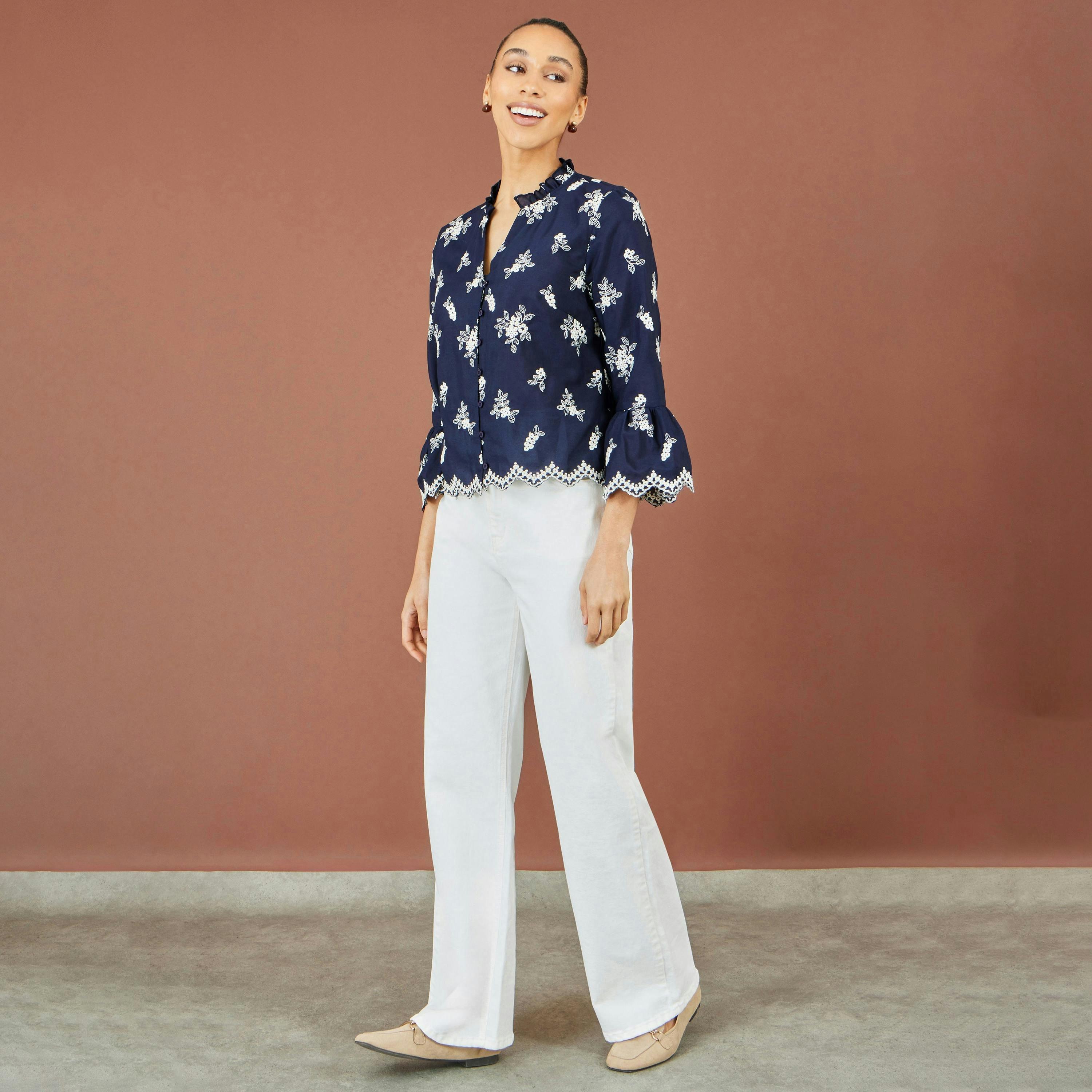 Yumi Navy Broderie Shirt With Fluted Sleeves , view 3 of 5