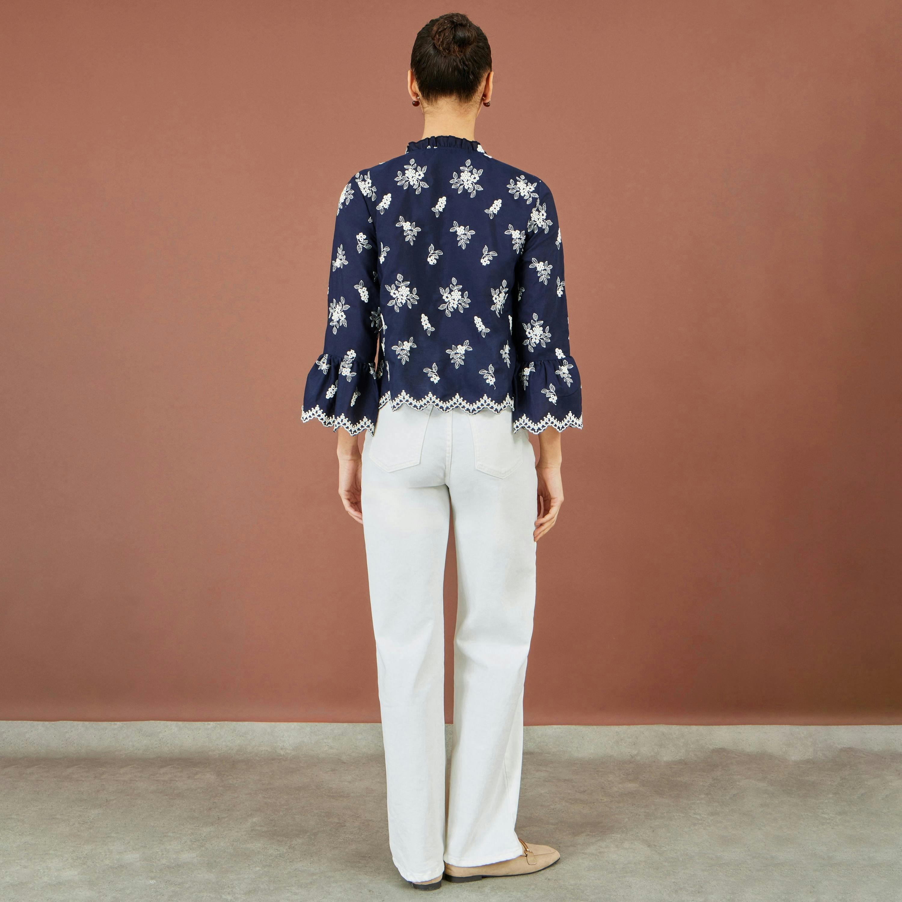 Yumi Navy Broderie Shirt With Fluted Sleeves , view 4 of 5