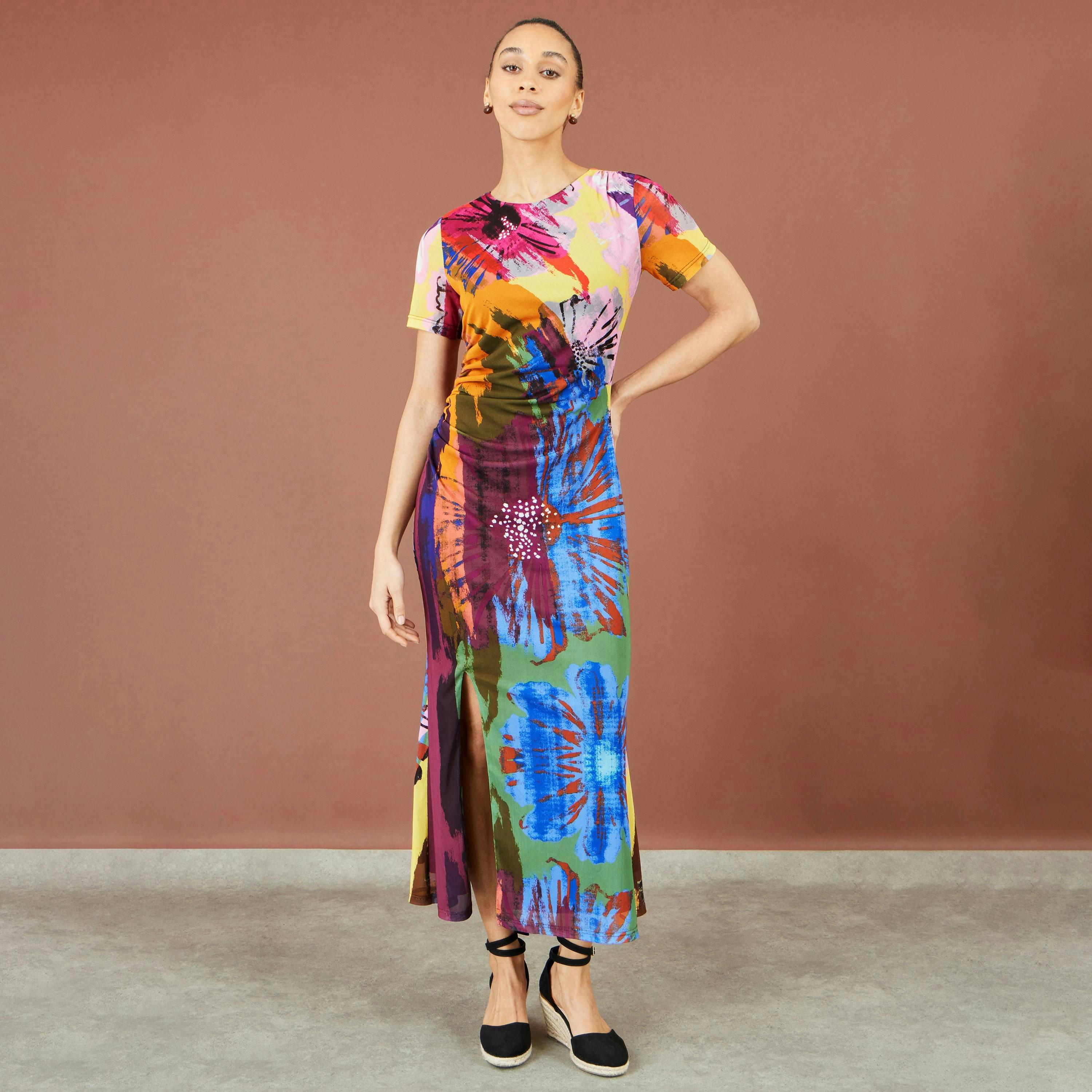 Yumi Multicolour Abstract Floral Mesh Midi Dress , view 2 of 5