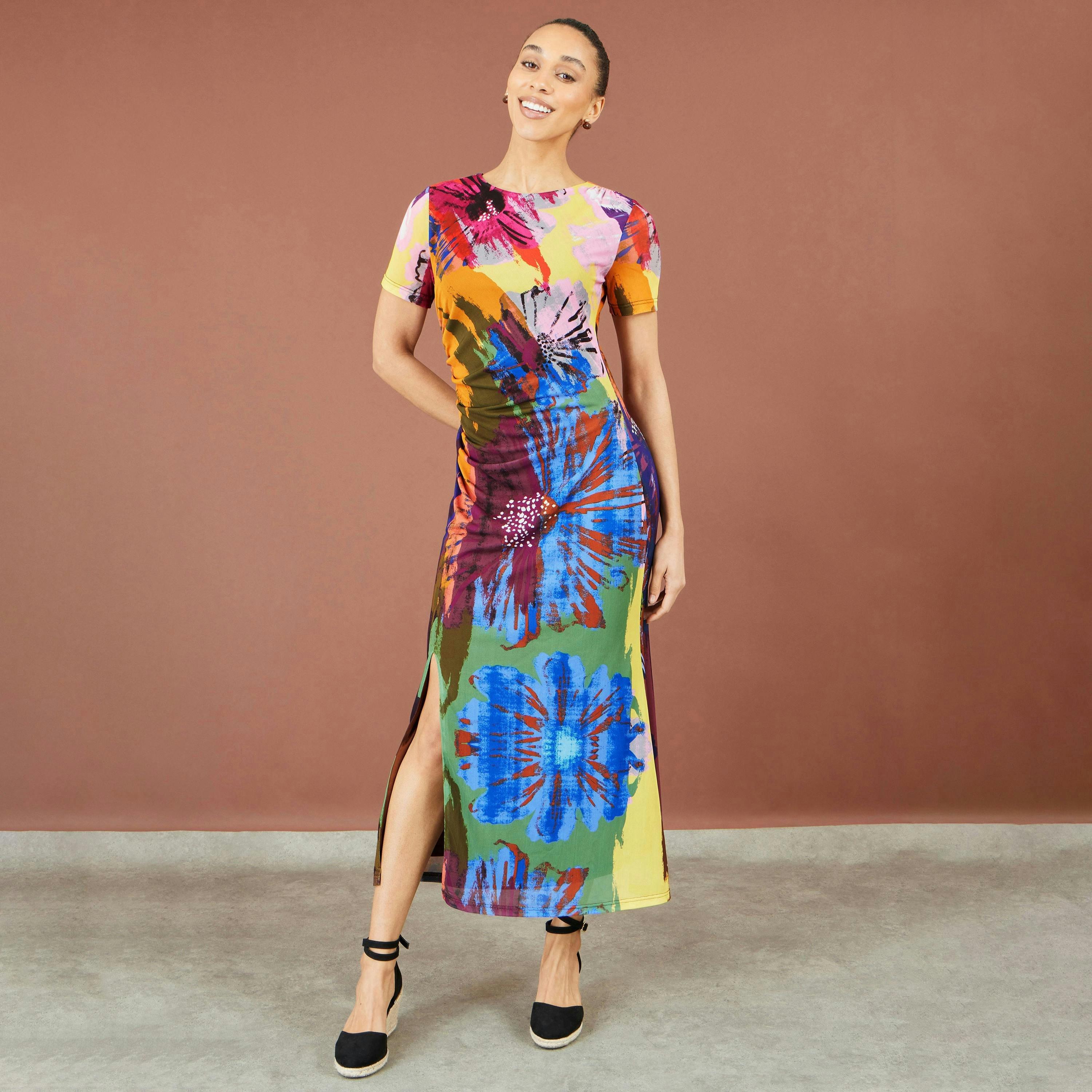 Yumi Multicolour Abstract Floral Mesh Midi Dress , view 3 of 5