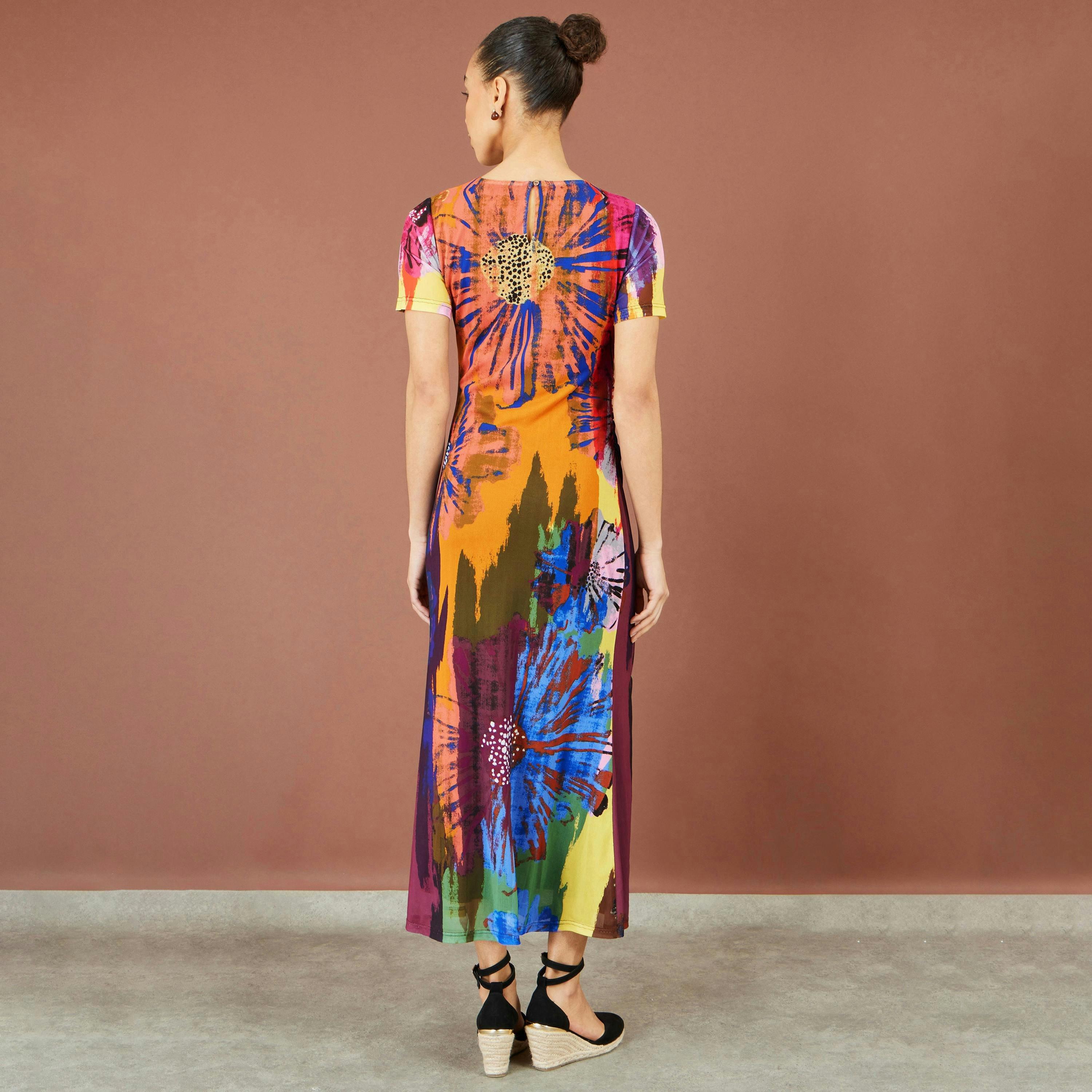 Yumi Multicolour Abstract Floral Mesh Midi Dress , view 4 of 5