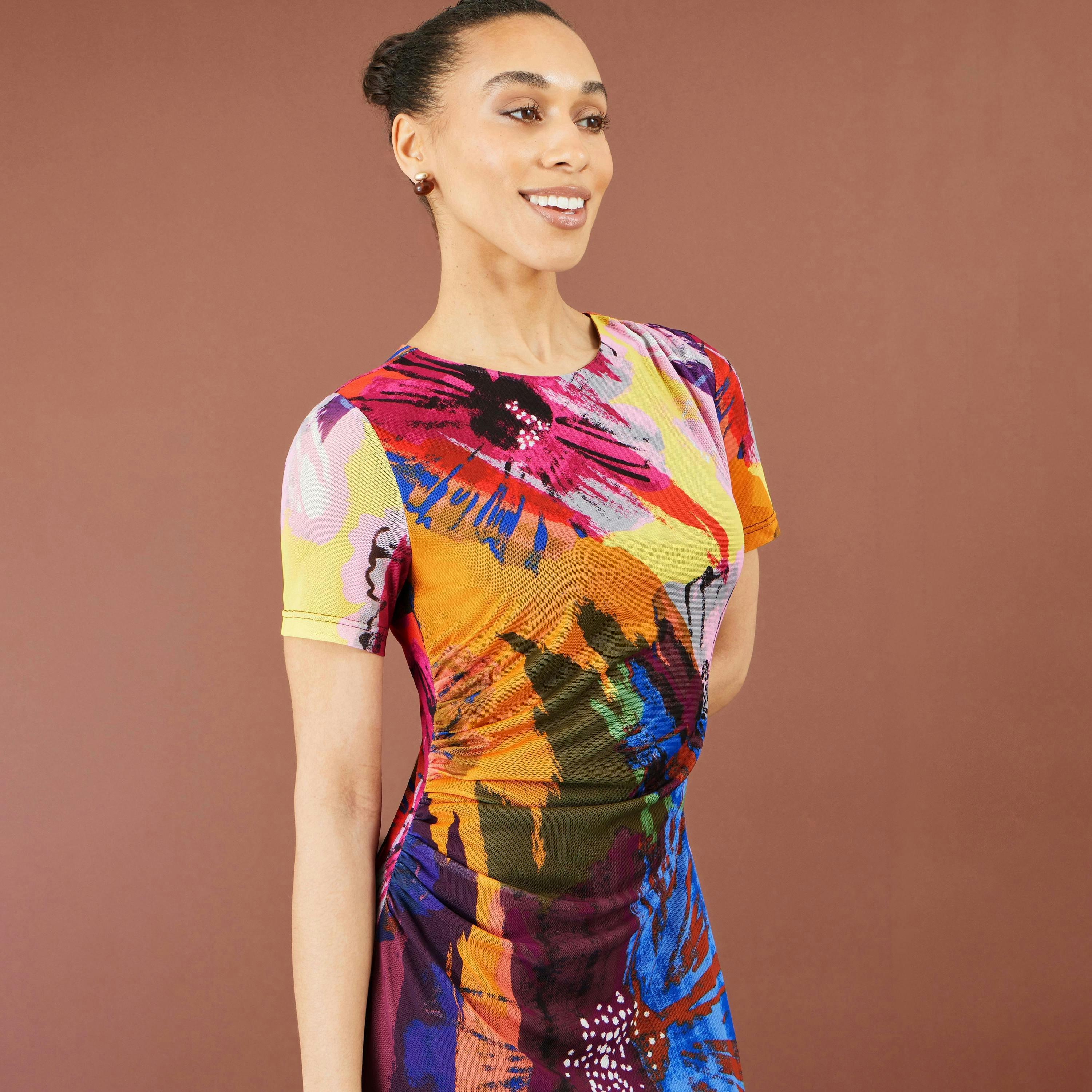 Yumi Multicolour Abstract Floral Mesh Midi Dress , view 5 of 5