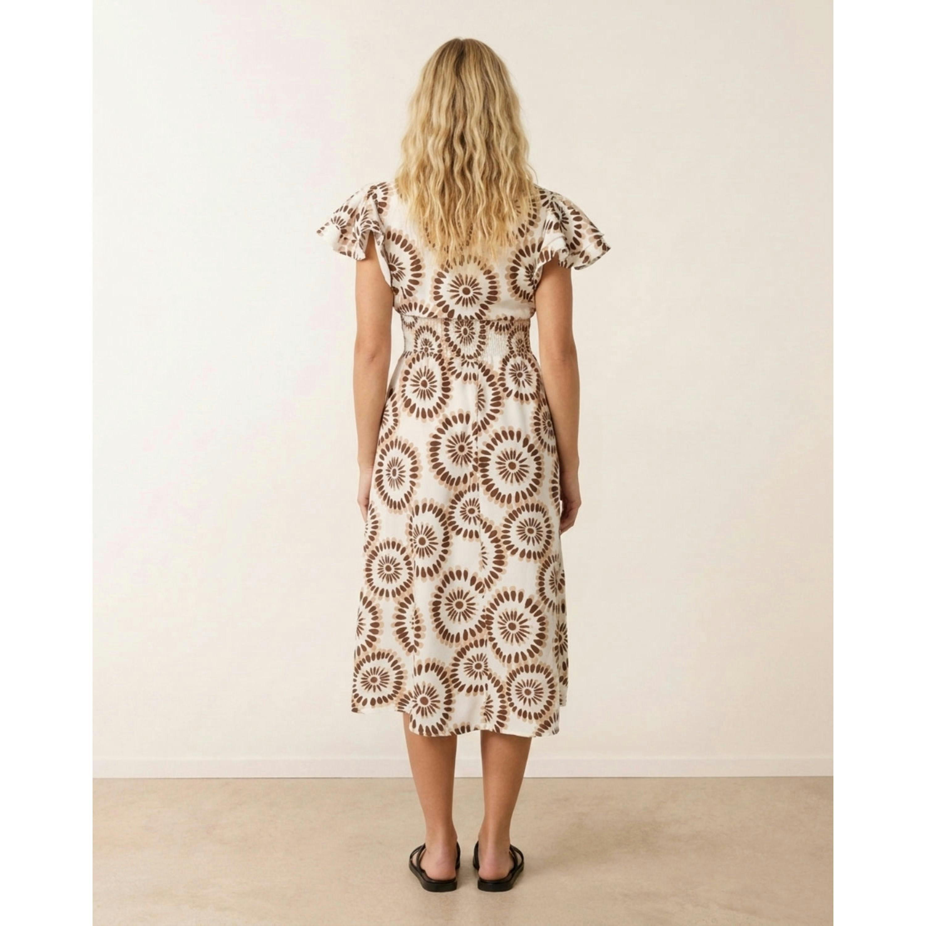 Blue Vanilla V Neck Frill Sleeve Printed Midi Dress  in Brown , view 2 of 4