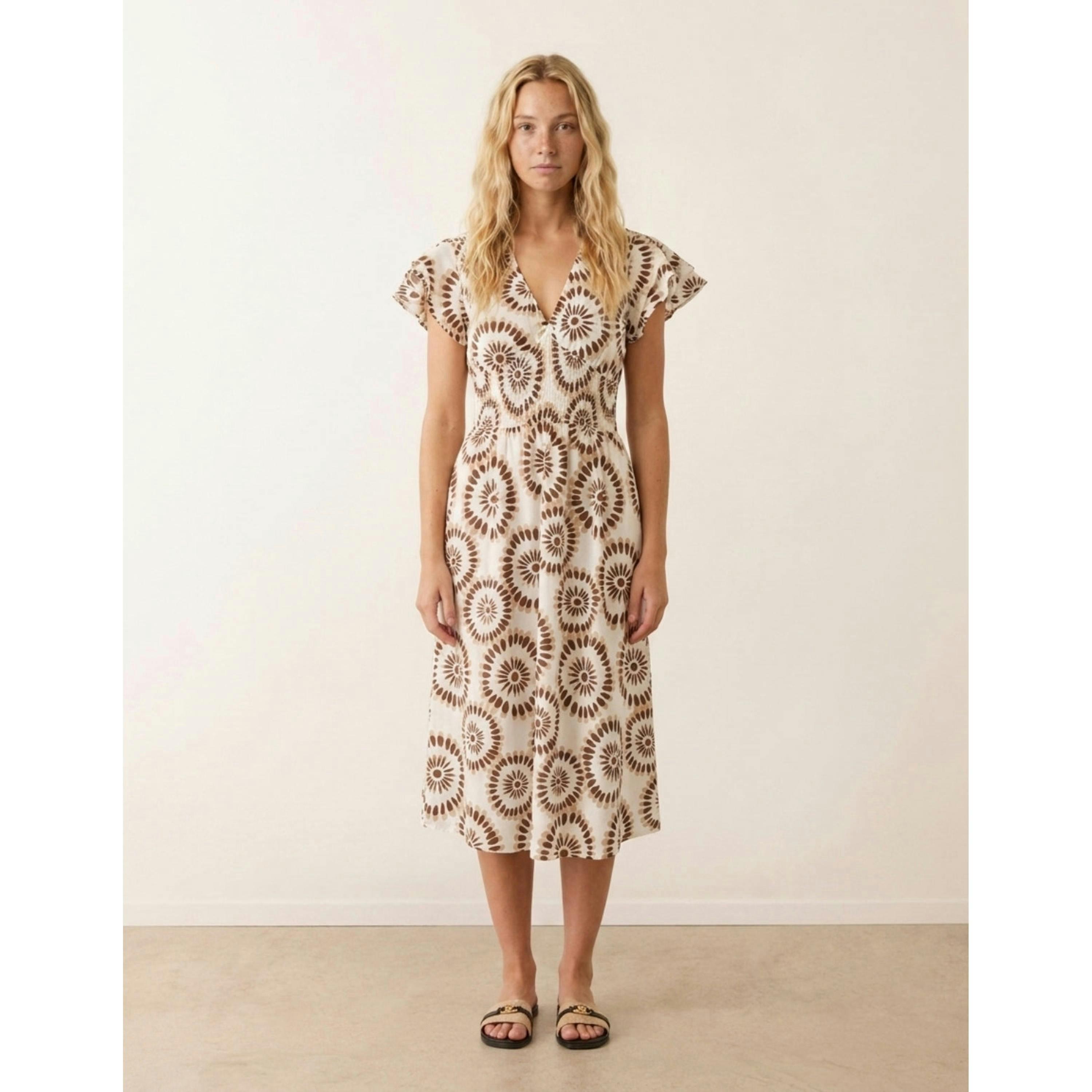 Blue Vanilla V Neck Frill Sleeve Printed Midi Dress  in Brown , view 3 of 4