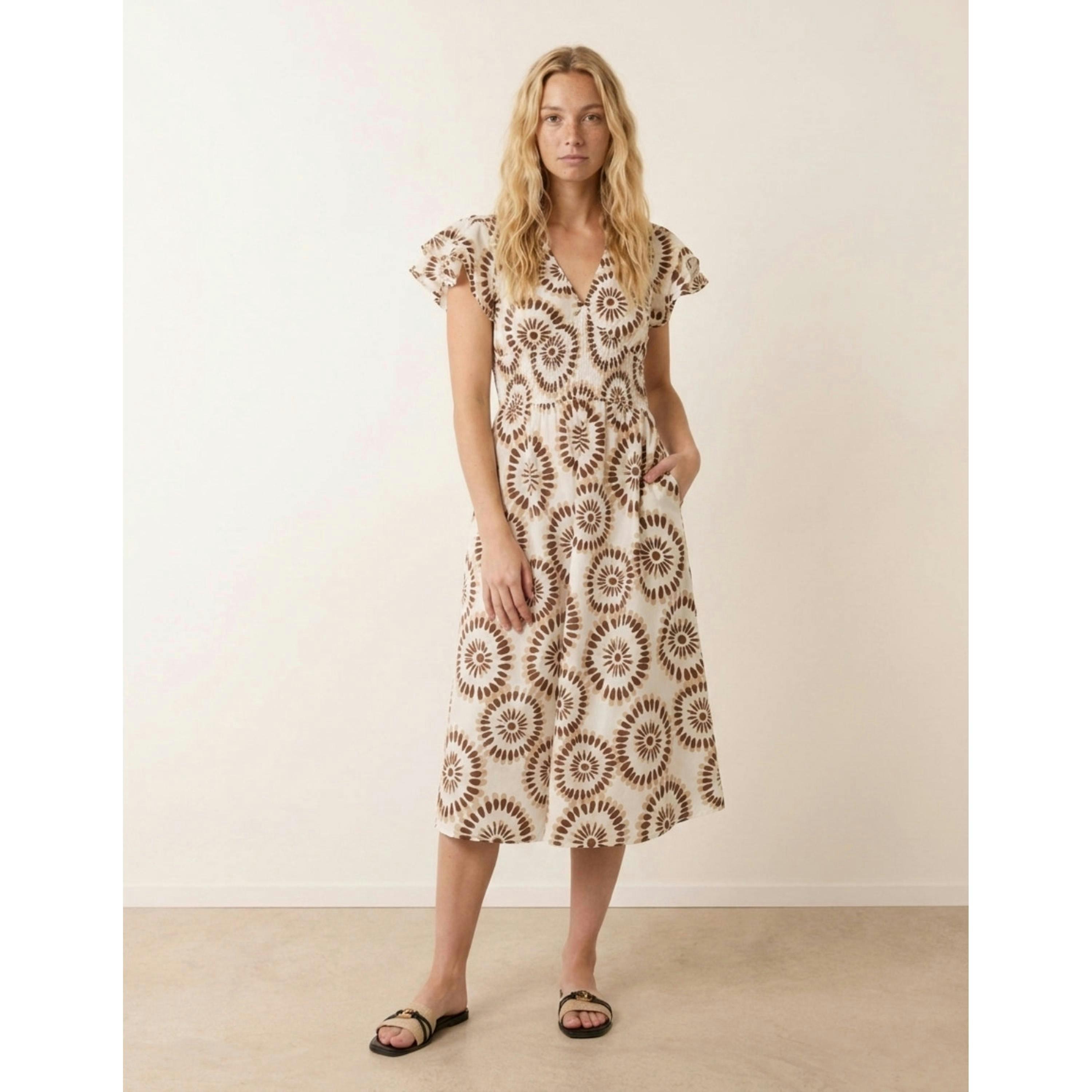 Blue Vanilla V Neck Frill Sleeve Printed Midi Dress  in Brown , view 4 of 4