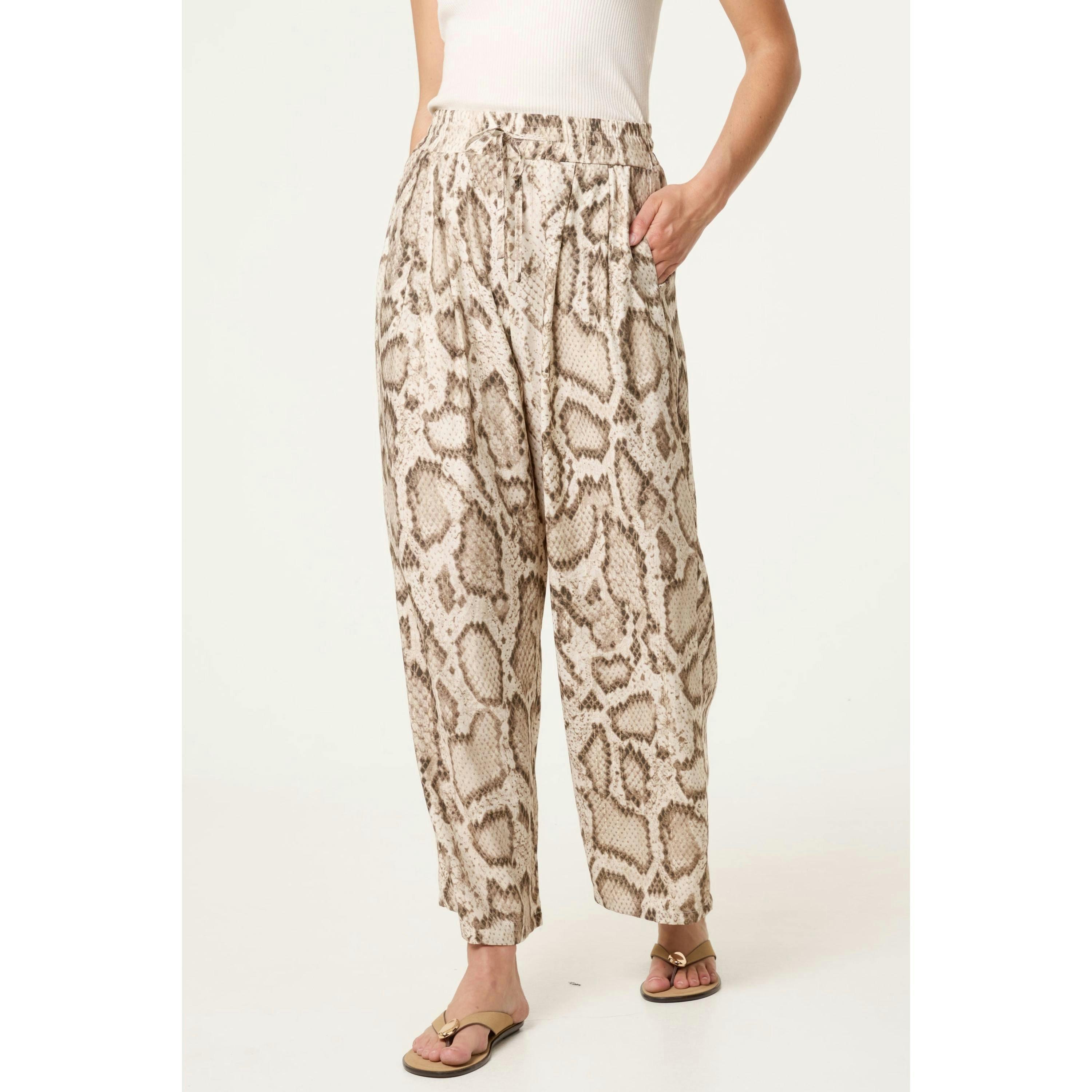 Blue Vanilla Snake Print Drawstring Wide Leg Trousers  in Beige , view 1 of 4