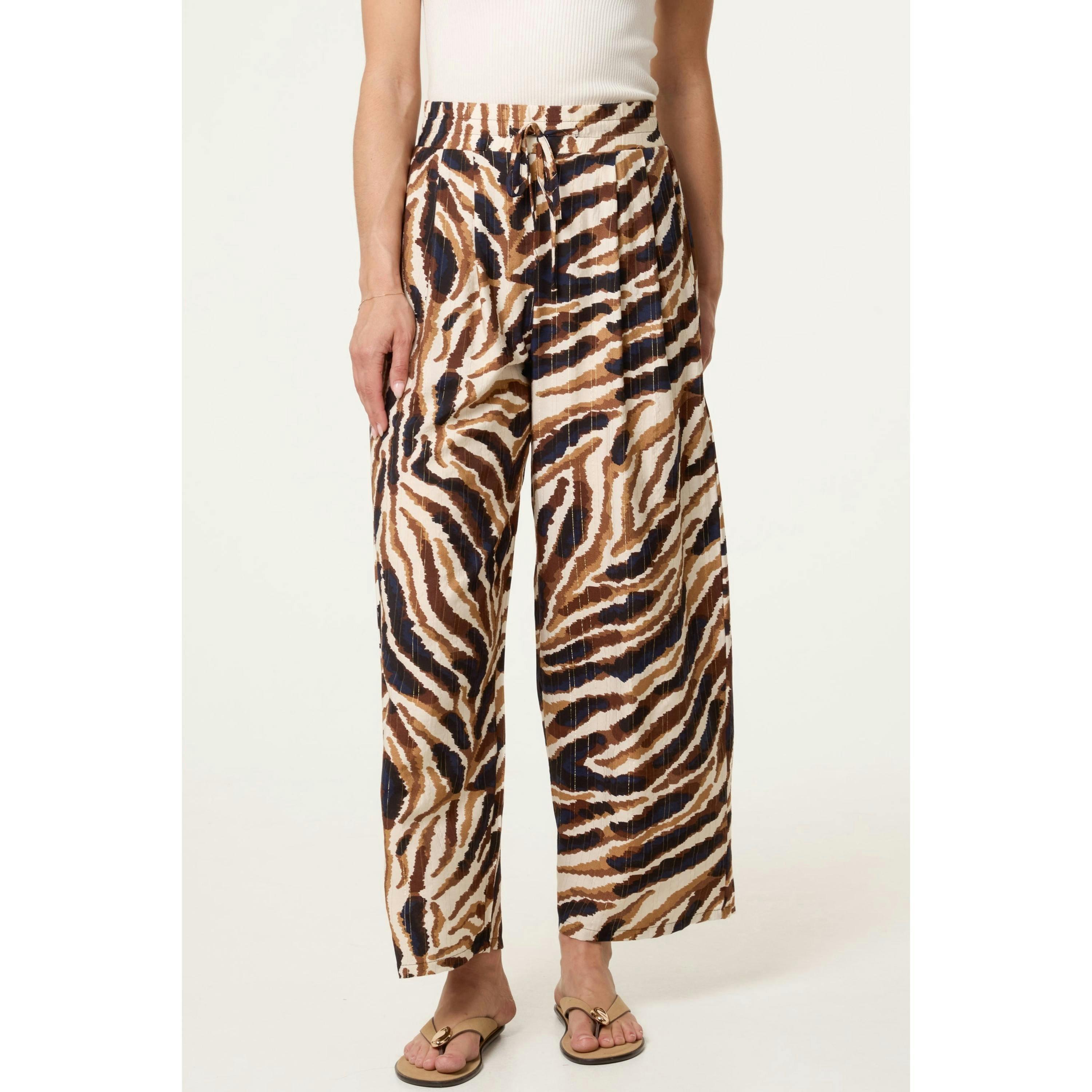 Blue Vanilla Tiger Print Drawstring Wide Leg Trousers  in Brown , view 1 of 4