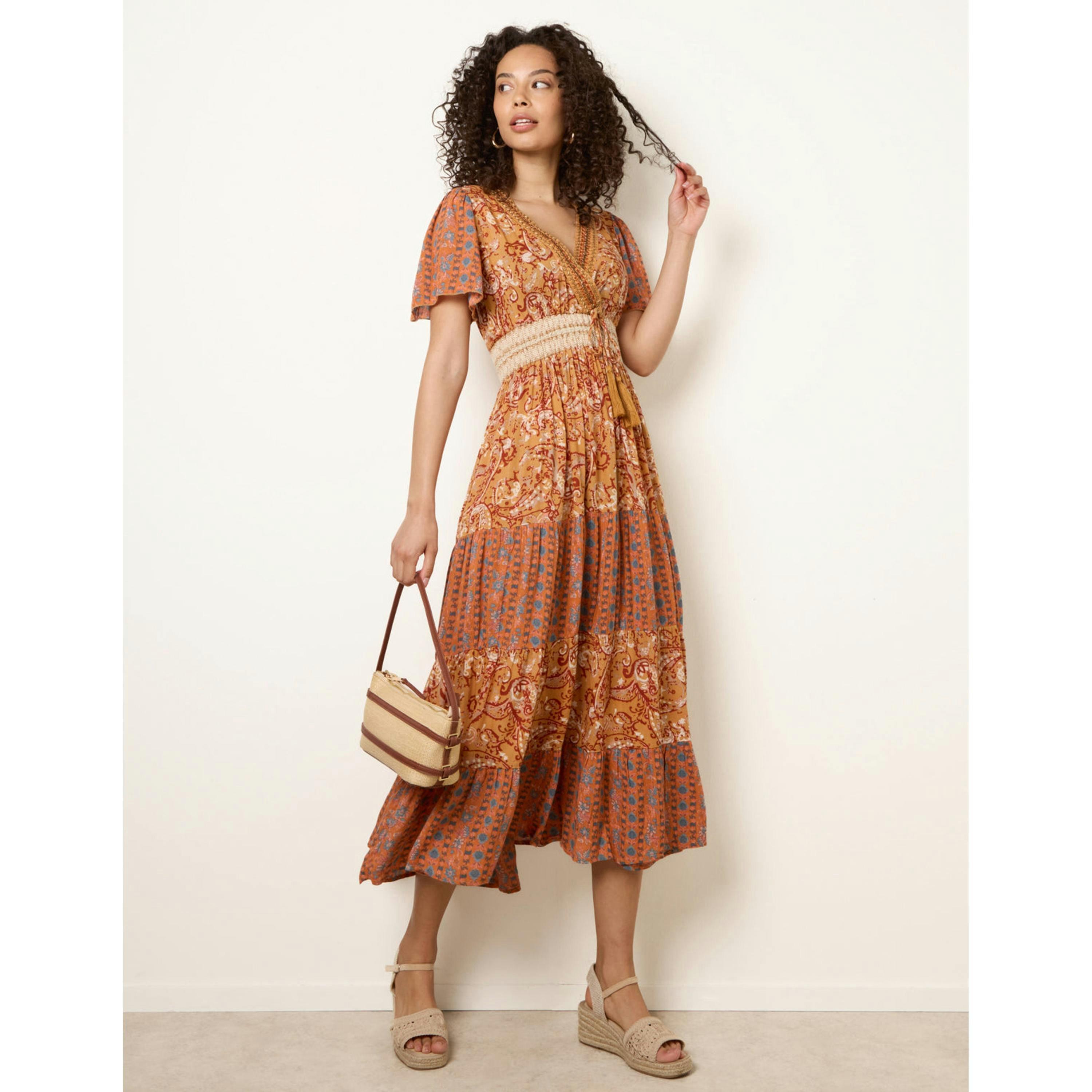 Blue Vanilla Mix Print Beaded Wrap Dress  in Brown , view 1 of 4