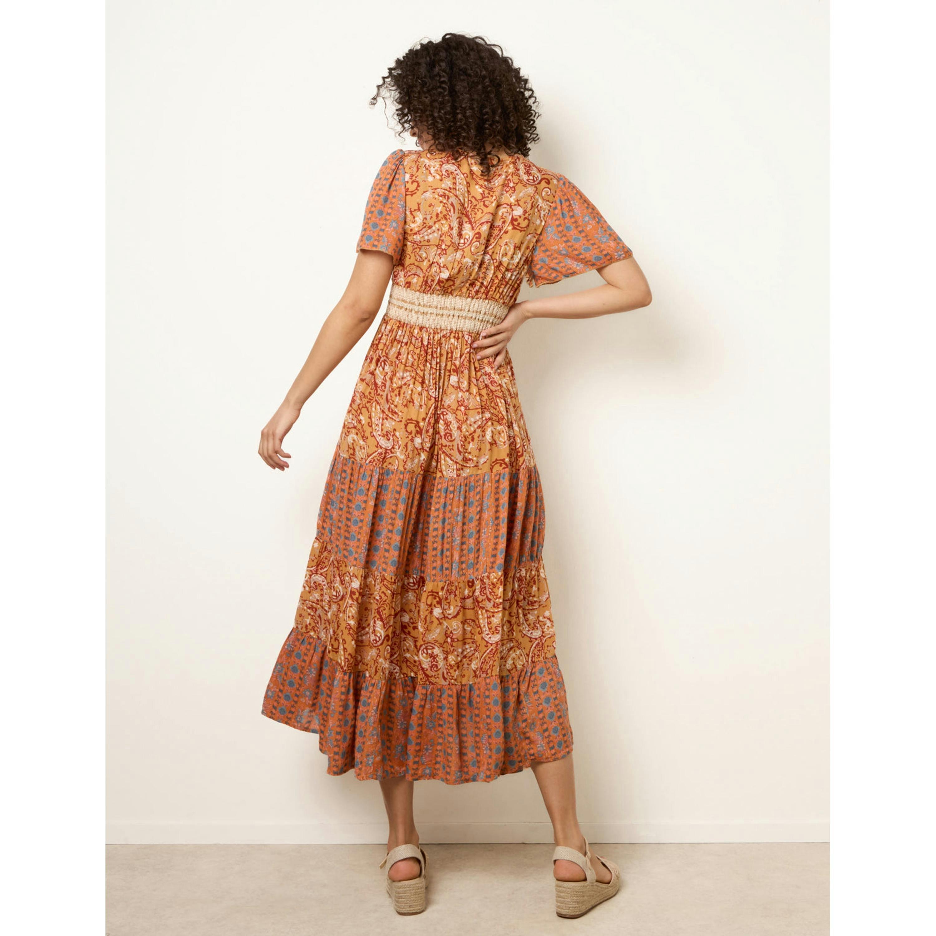 Blue Vanilla Mix Print Beaded Wrap Dress  in Brown , view 2 of 4