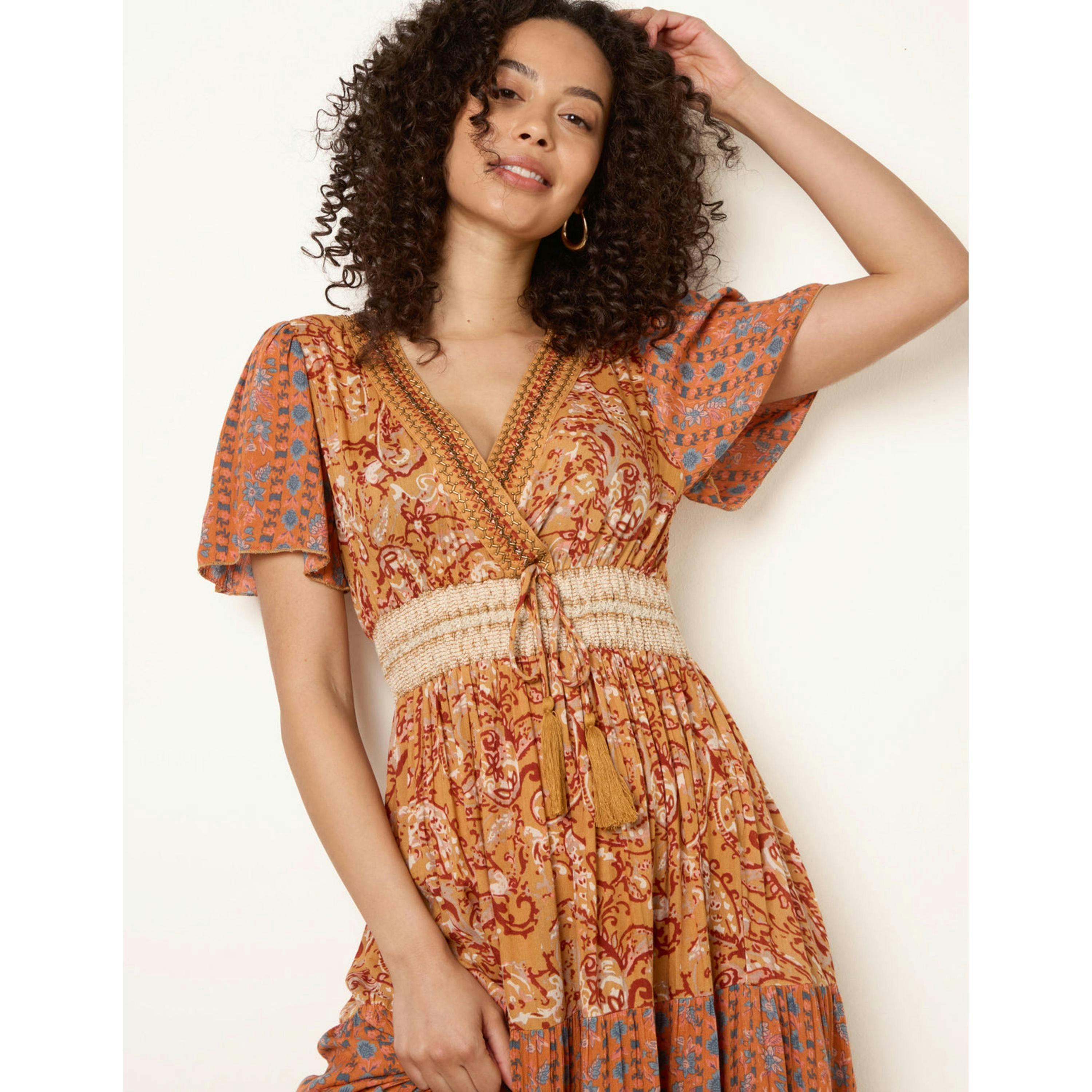 Blue Vanilla Mix Print Beaded Wrap Dress  in Brown , view 3 of 4