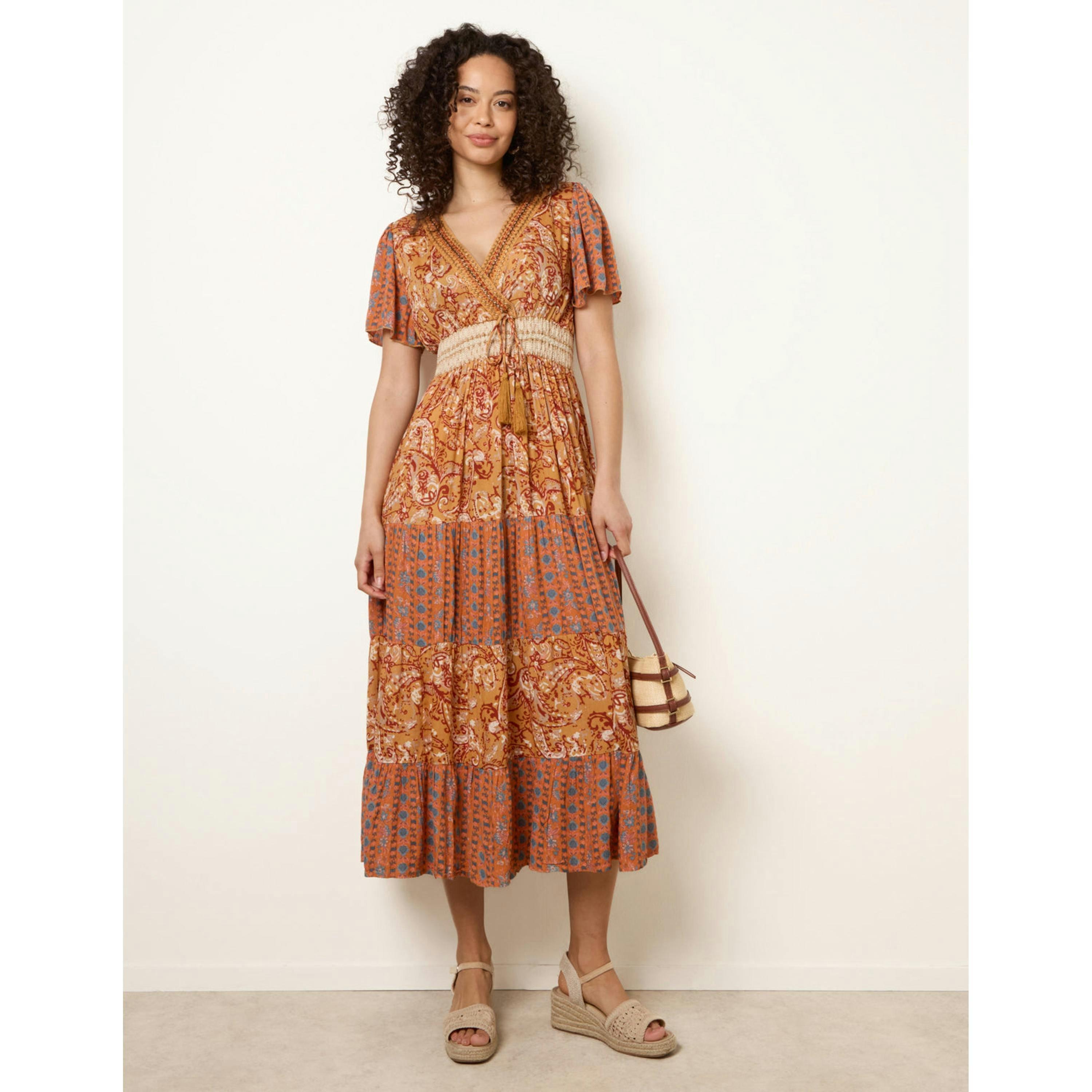 Blue Vanilla Mix Print Beaded Wrap Dress  in Brown , view 4 of 4