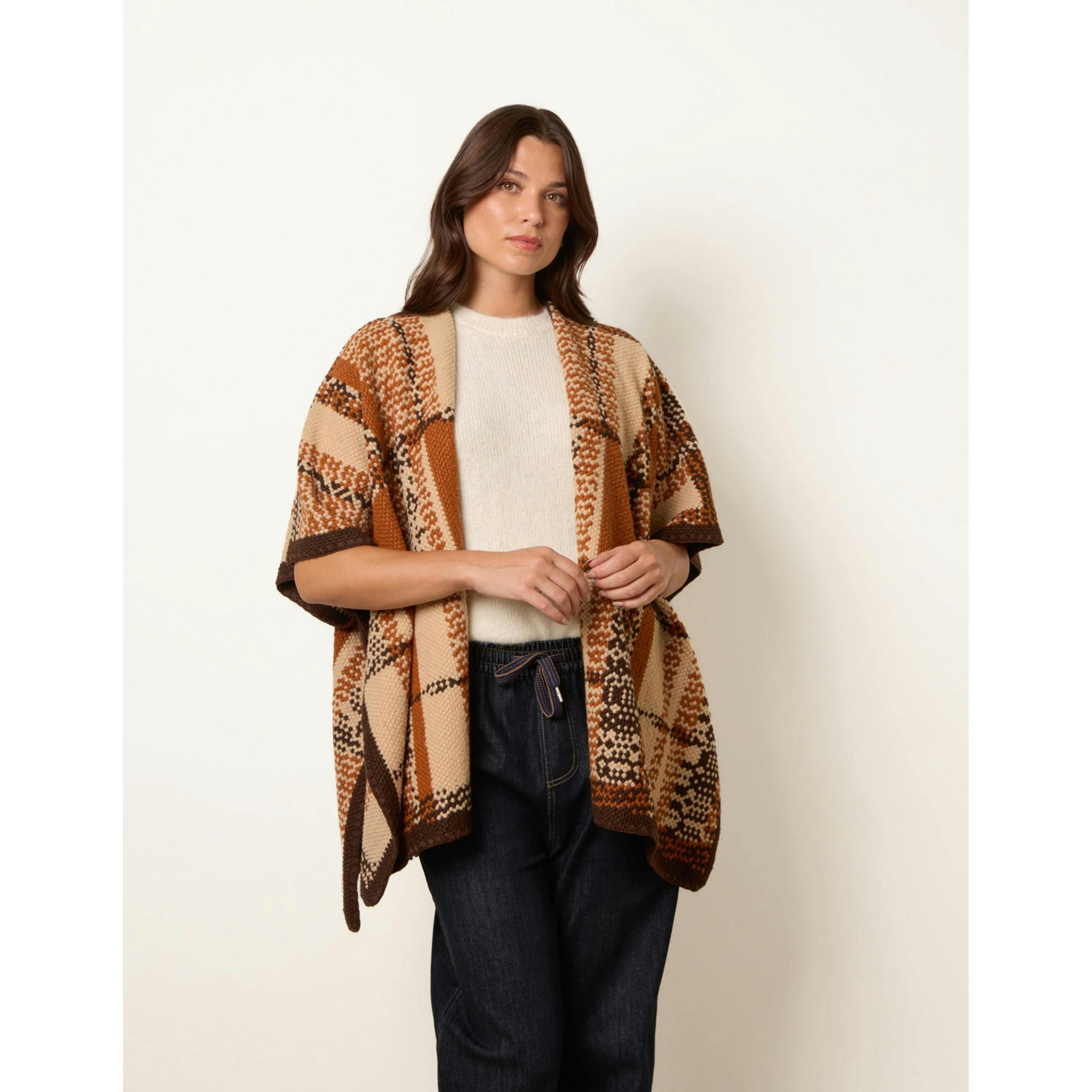 Blue Vanilla Geometric Patchwork Poncho  in Brown , view 1 of 4
