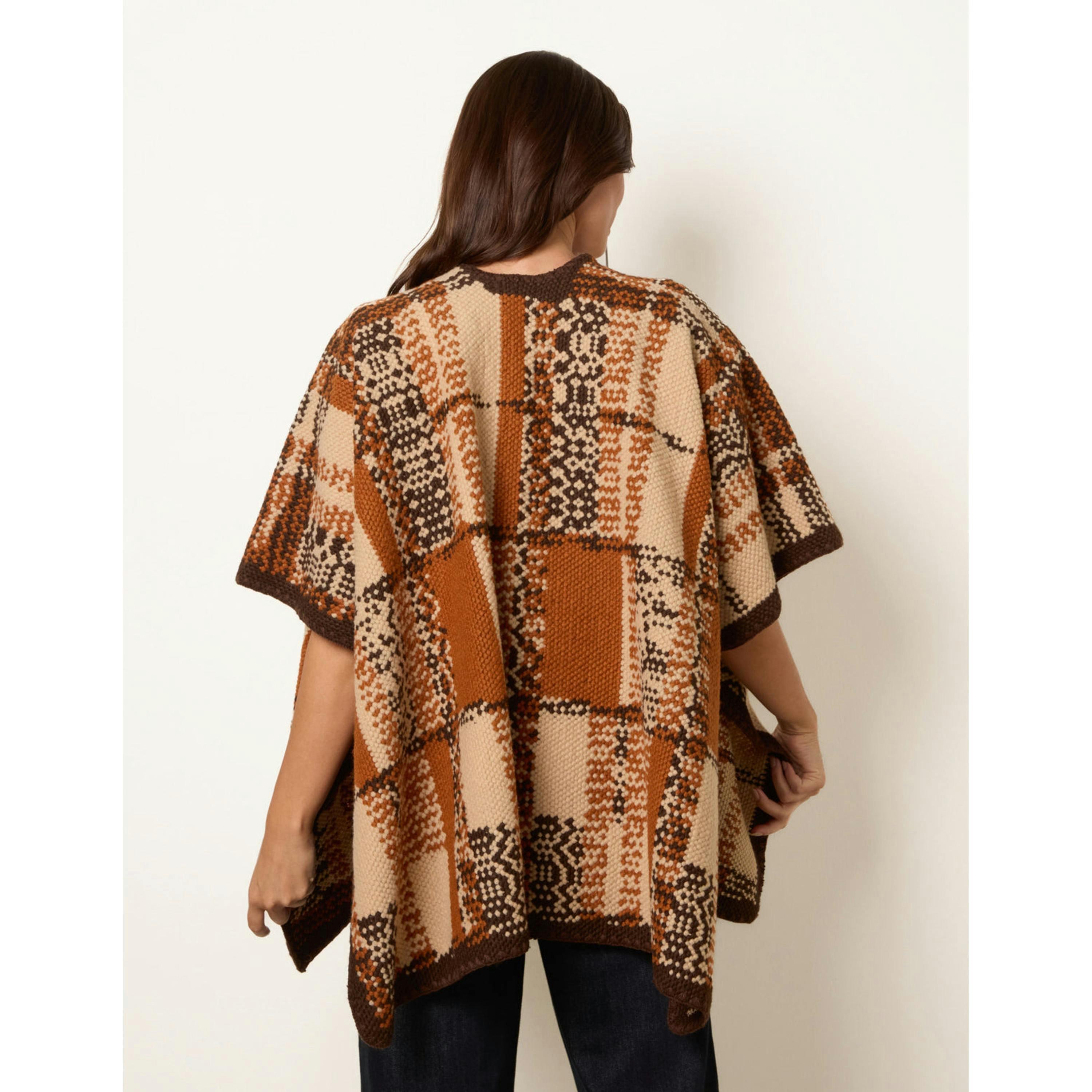 Blue Vanilla Geometric Patchwork Poncho  in Brown , view 2 of 4