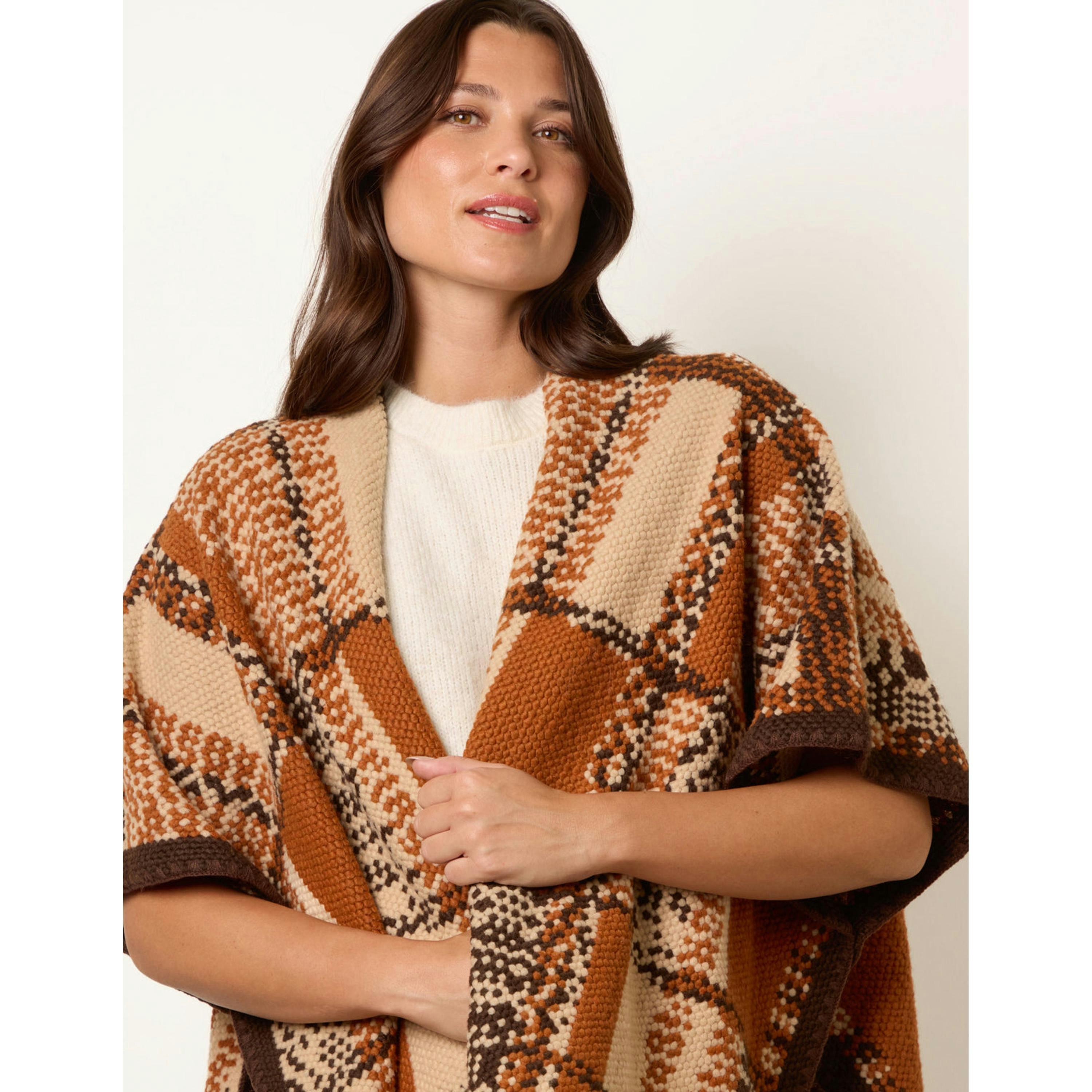 Blue Vanilla Geometric Patchwork Poncho  in Brown , view 3 of 4