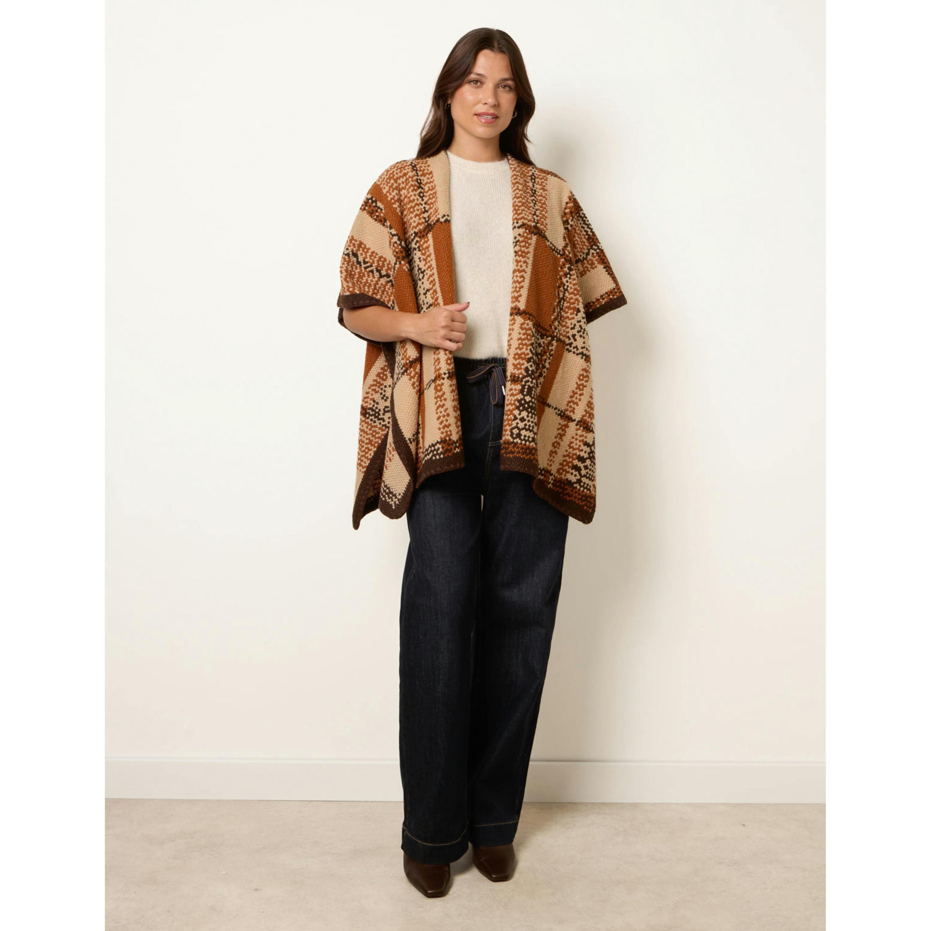 Blue Vanilla Geometric Patchwork Poncho  in Brown , view 4 of 4