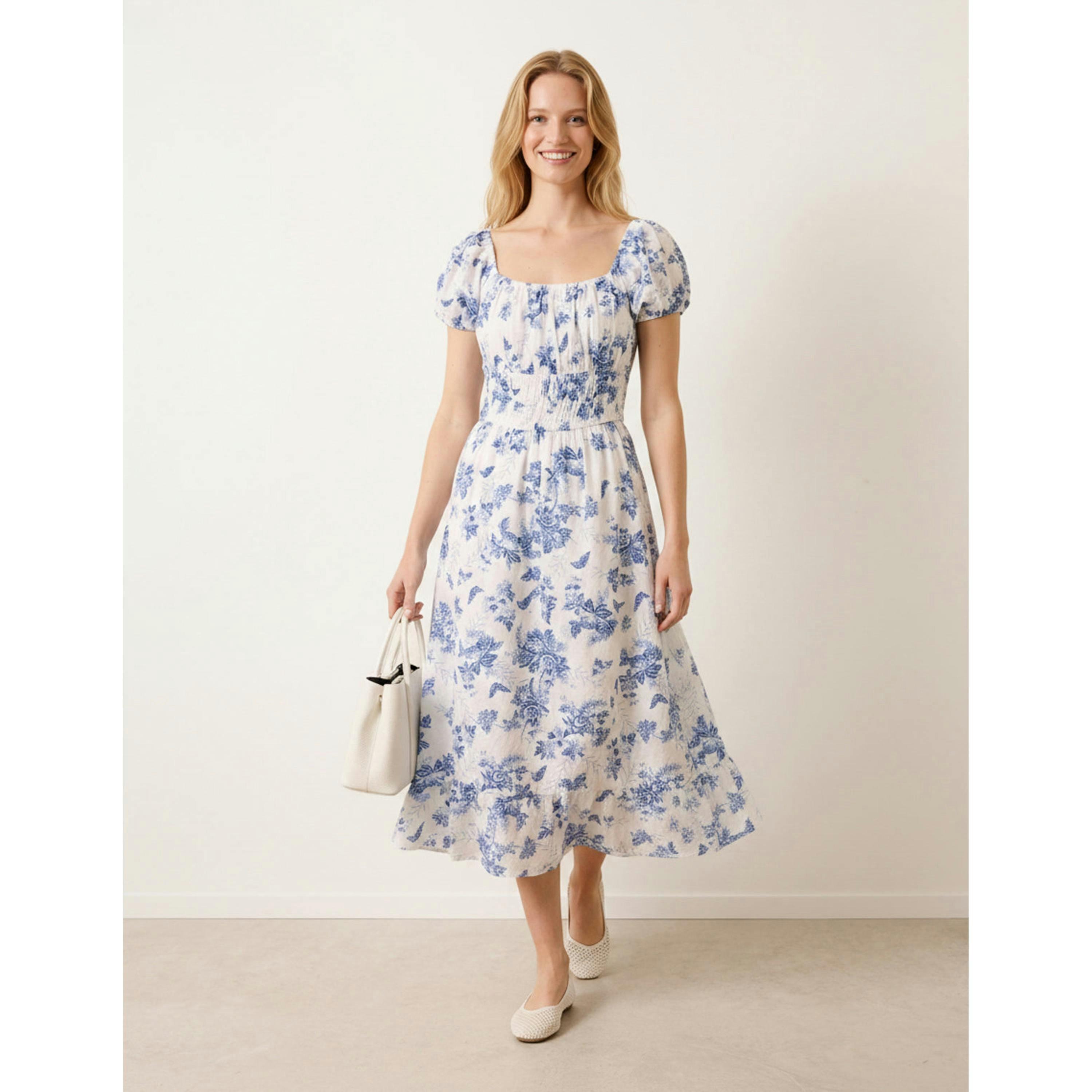 Blue Vanilla Off The Shoulder Puff Sleeve Shirred Print Dress  in Blue , view 1 of 4
