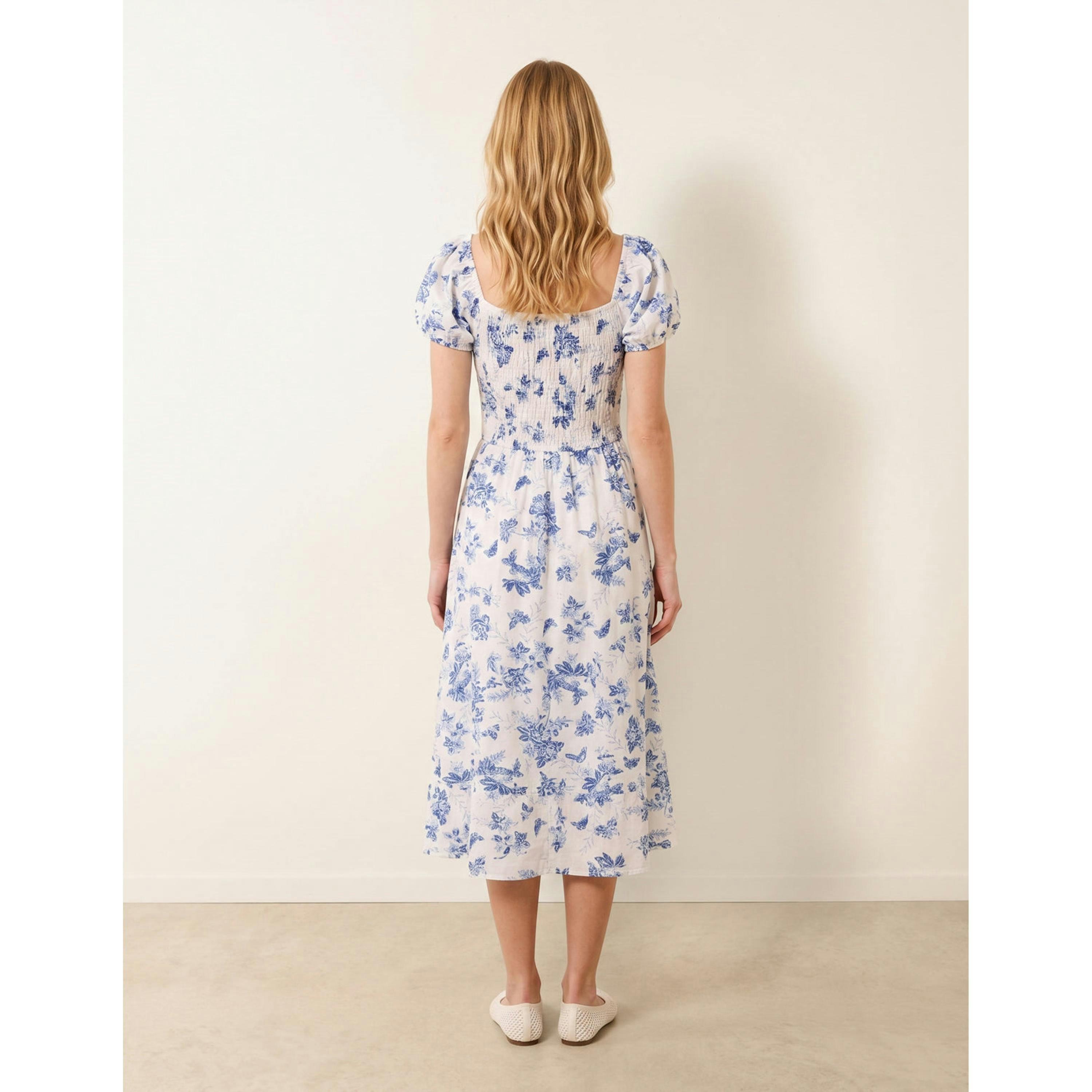 Blue Vanilla Off The Shoulder Puff Sleeve Shirred Print Dress  in Blue , view 2 of 4