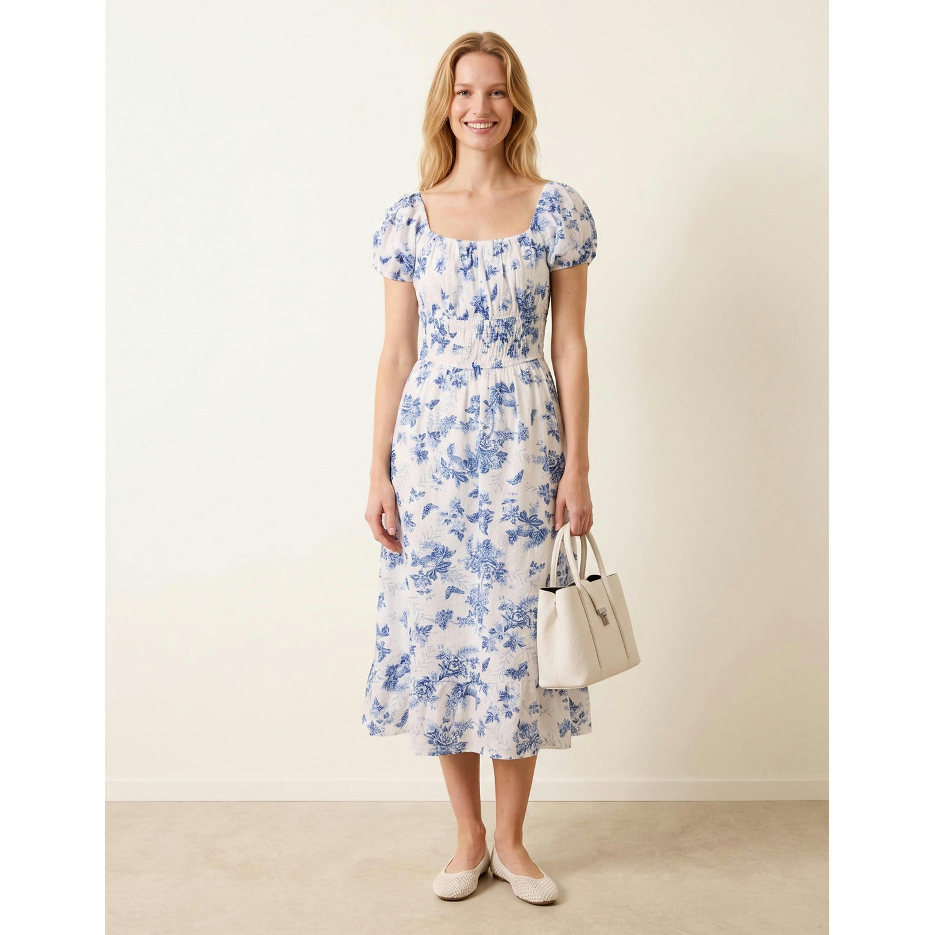 Blue Vanilla Off The Shoulder Puff Sleeve Shirred Print Dress  in Blue , view 3 of 4