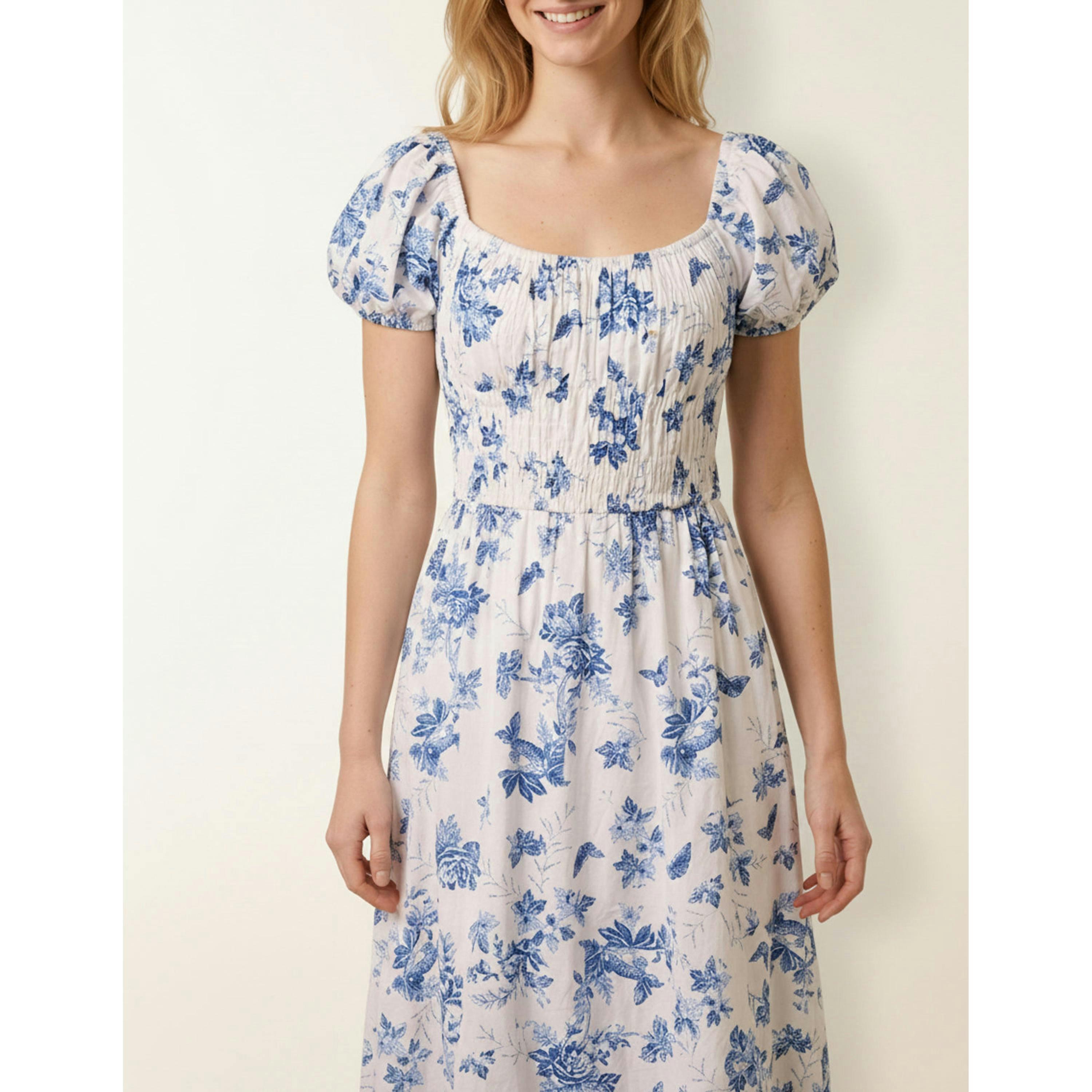 Blue Vanilla Off The Shoulder Puff Sleeve Shirred Print Dress  in Blue , view 4 of 4