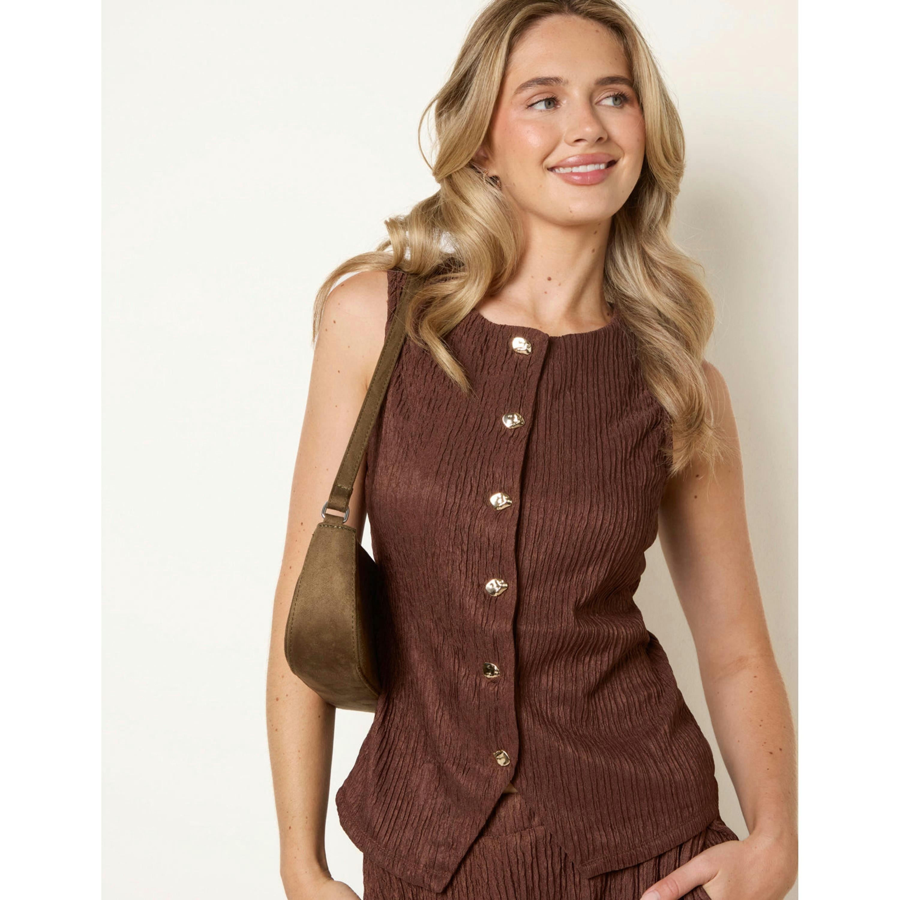 Blue Vanilla Crew Neck Button Through Vest  in Brown , view 1 of 4