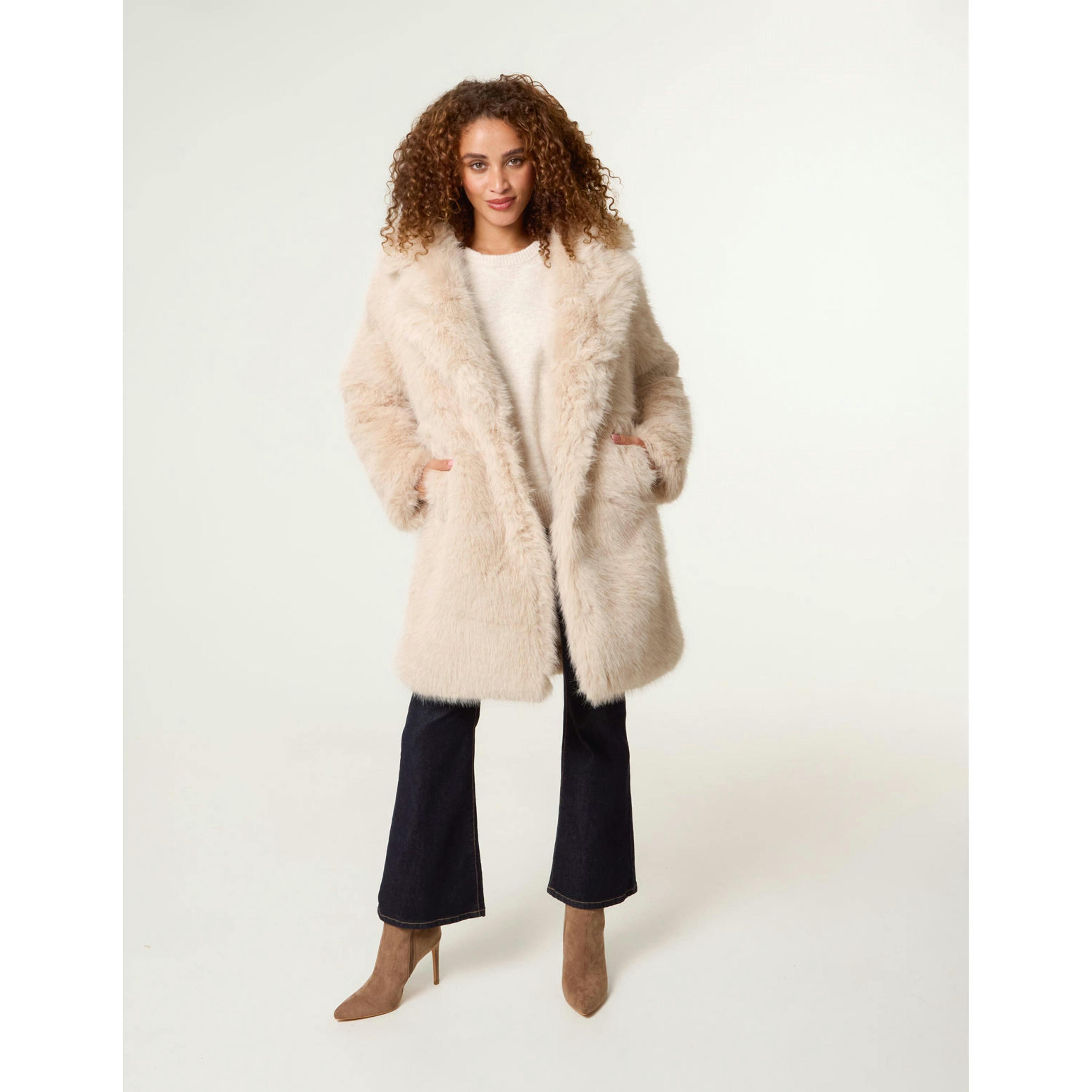 Blue Vanilla Faux Fur Long Coat  in Stone , view 4 of 4