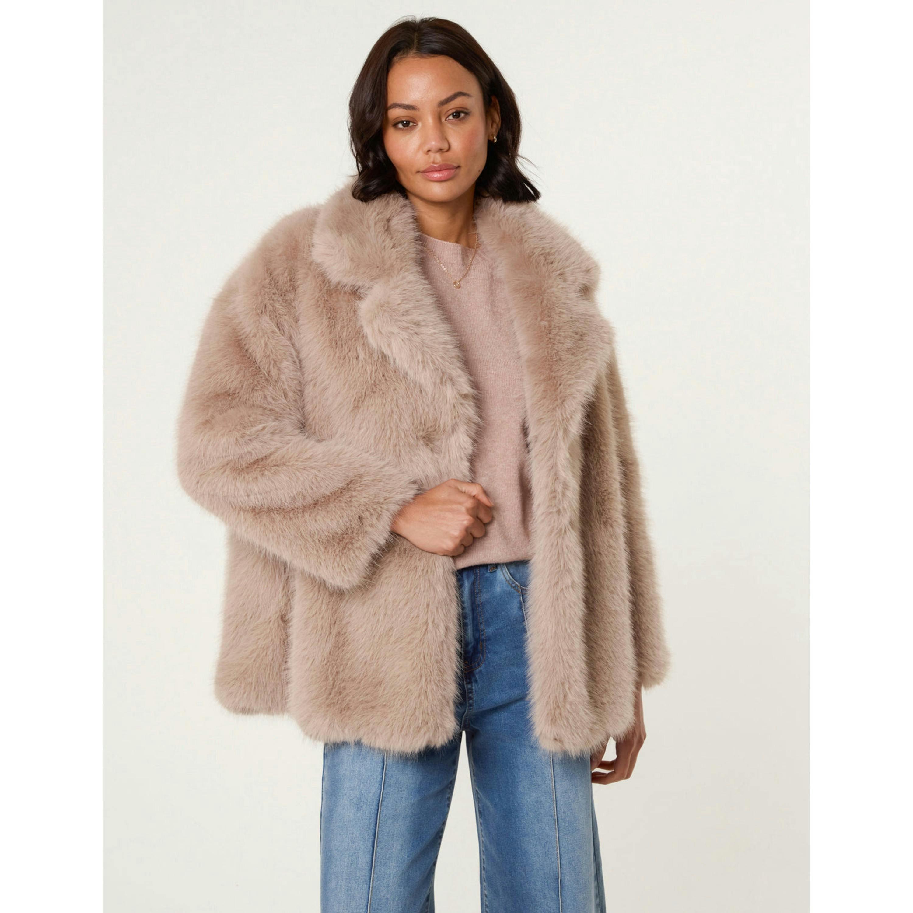 Blue Vanilla Short Faux Fur Coat  in Beige , view 1 of 5