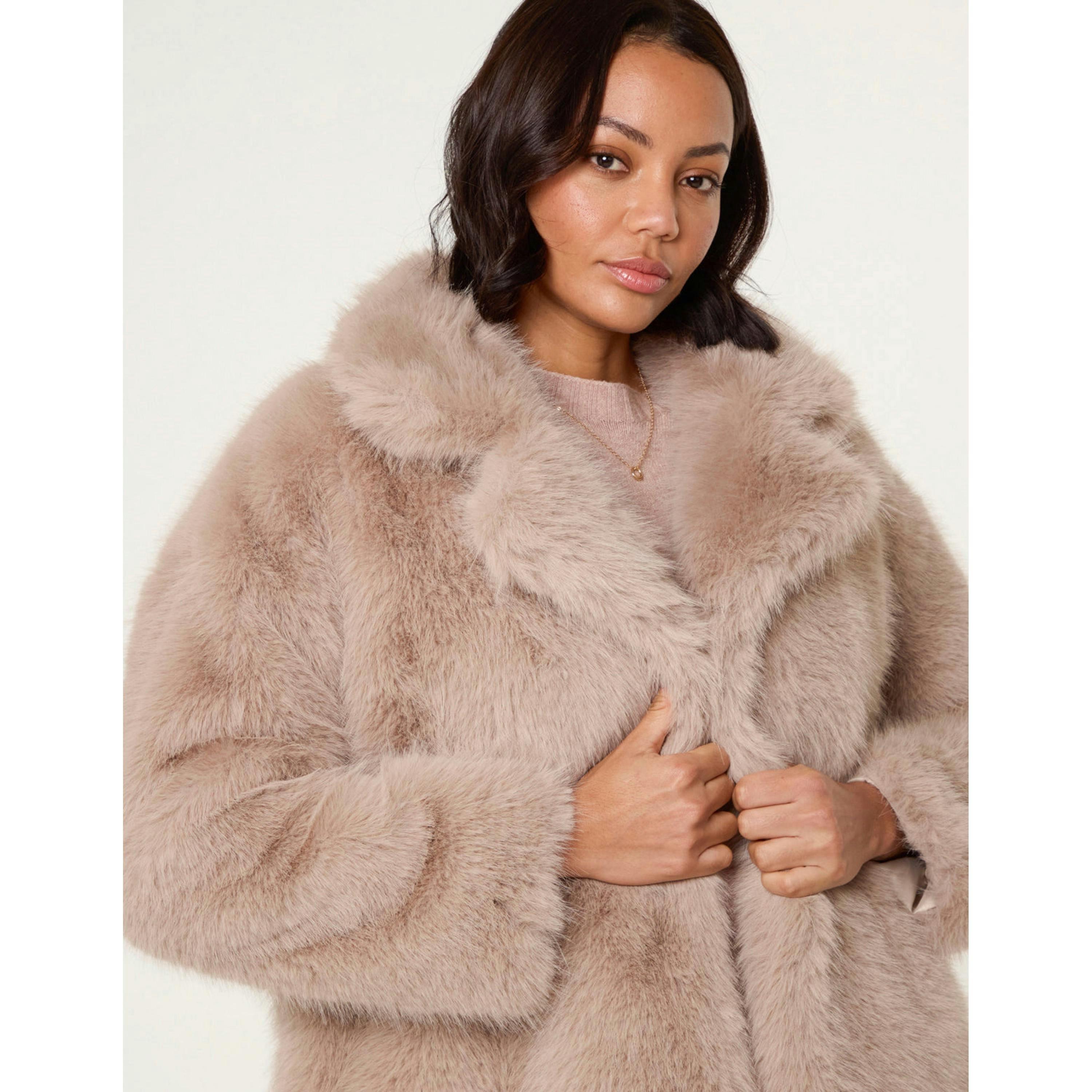 Blue Vanilla Short Faux Fur Coat  in Beige , view 3 of 5
